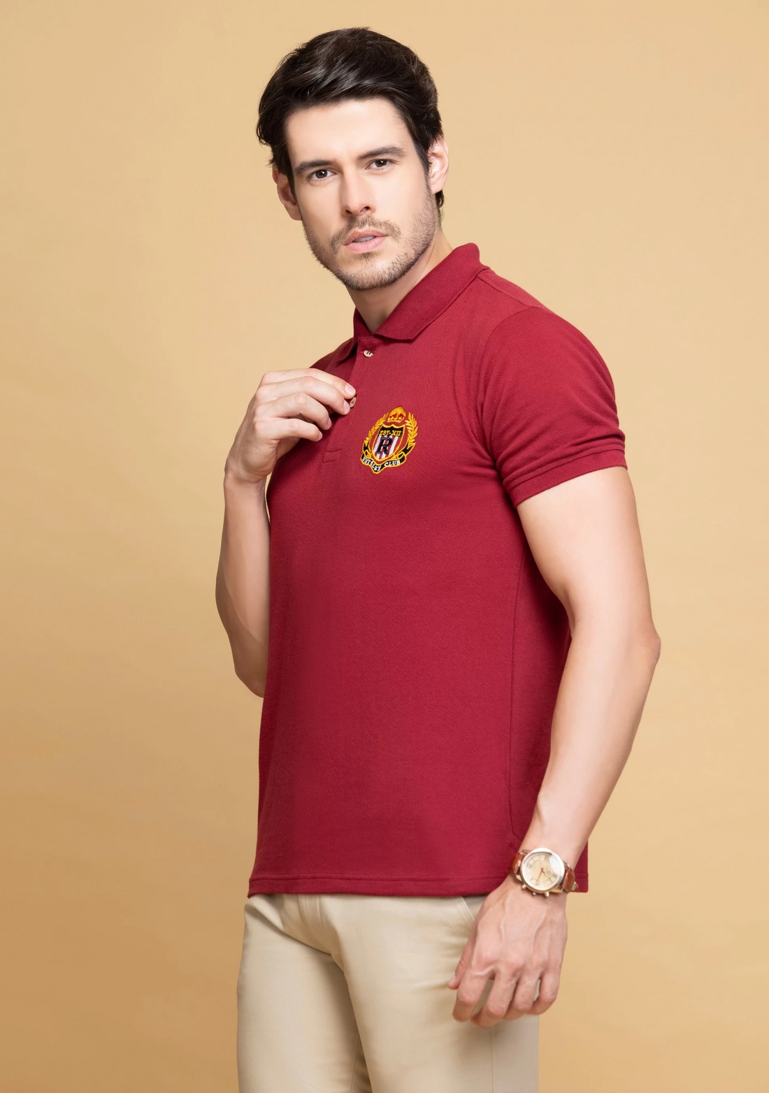 Men's Regular Fit Maroon Embroidered Polo Collar T-Shirt