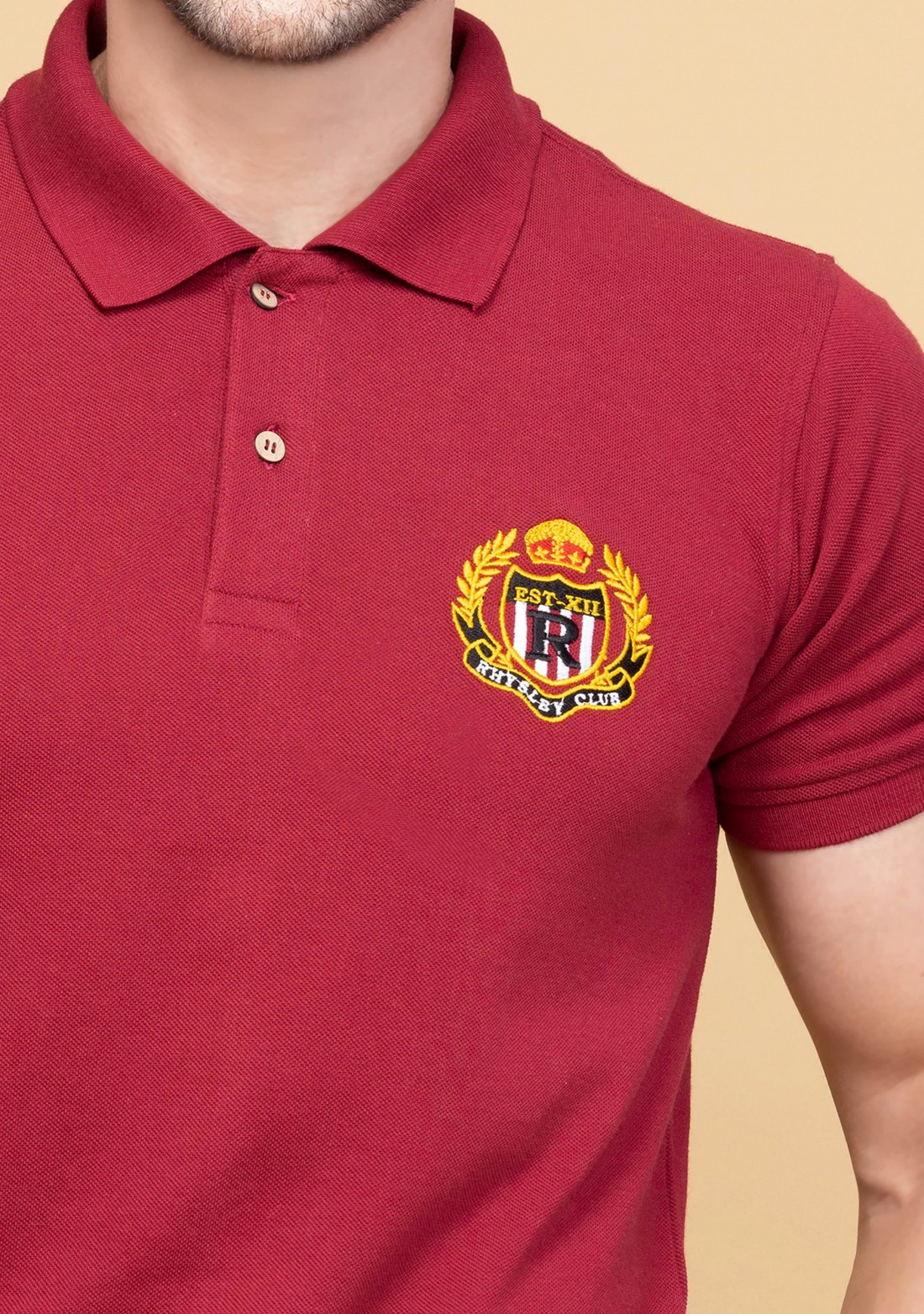 Men's Regular Fit Maroon Embroidered Polo Collar T-Shirt