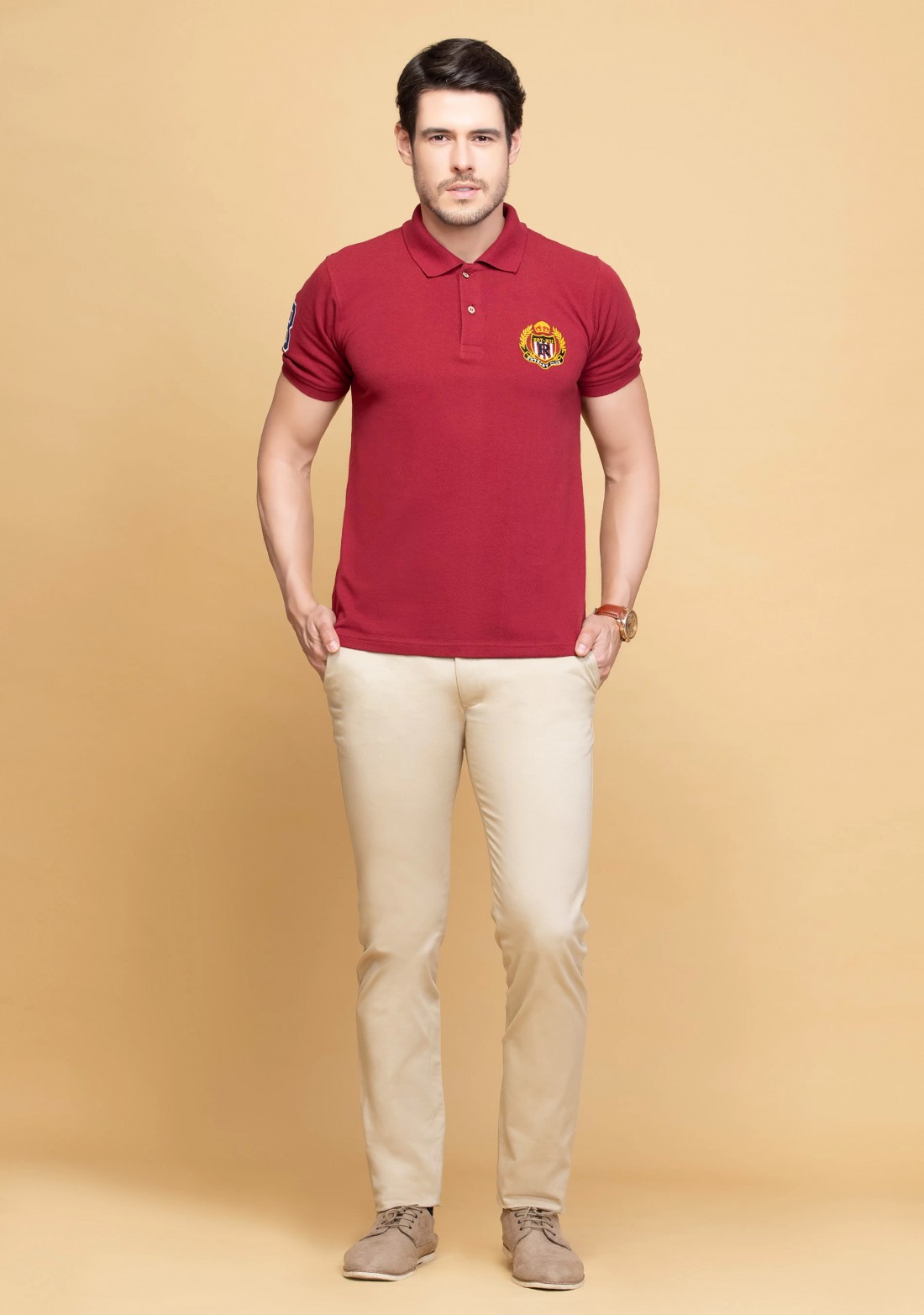 Men's Regular Fit Maroon Embroidered Polo Collar T-Shirt