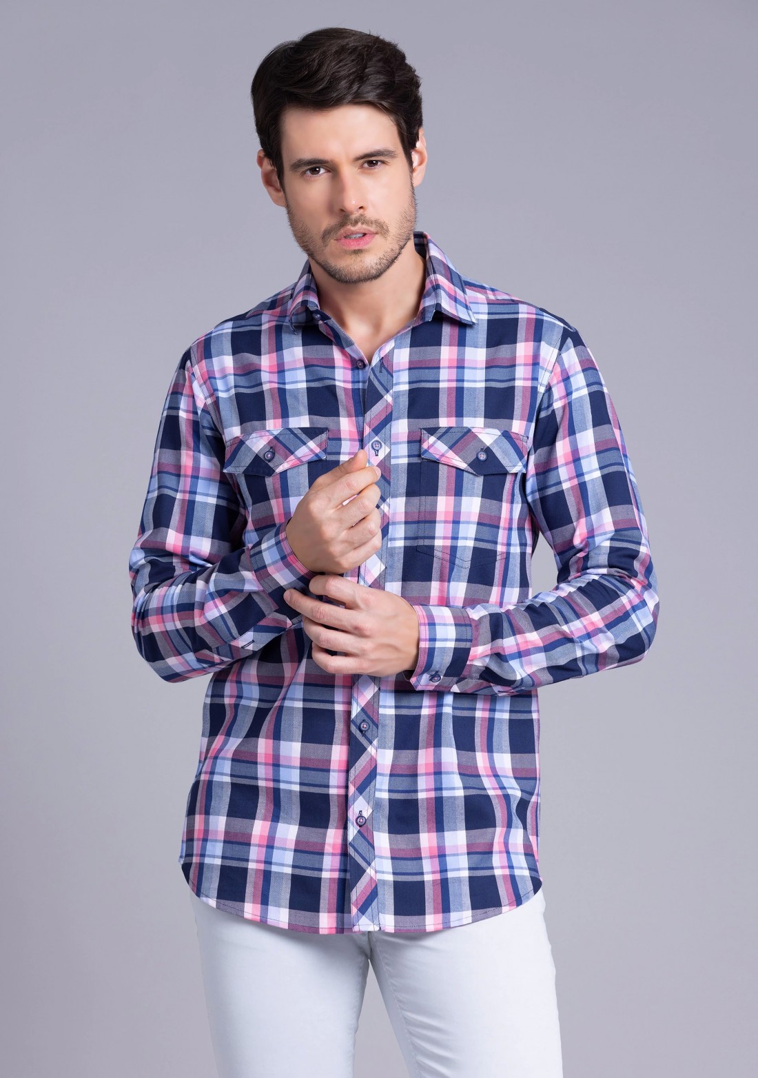 Multicolor checked cotton double pocket casual shirt