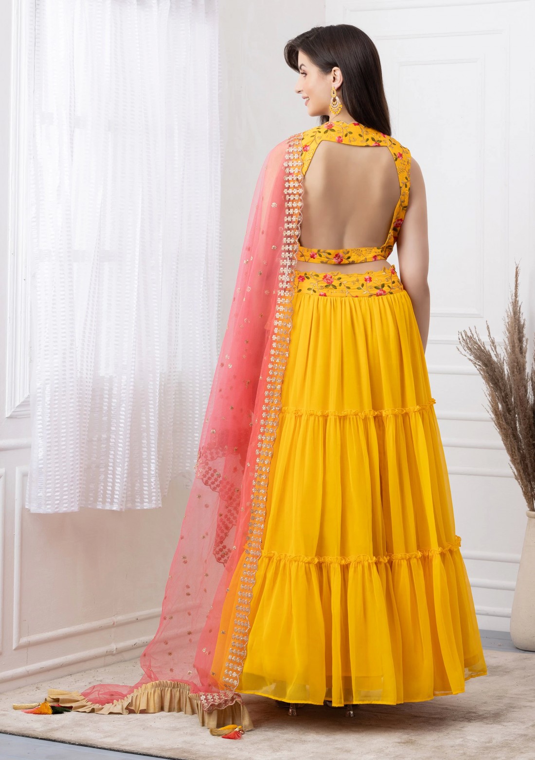 Yellow Heavily Flared 3 Tier Embroidered Georgette Lehenga