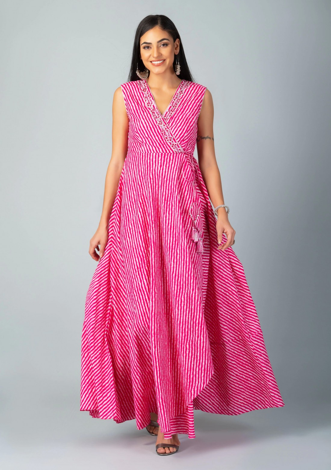 Pink Allover Lehariya Cotton Printed Double layered Dress