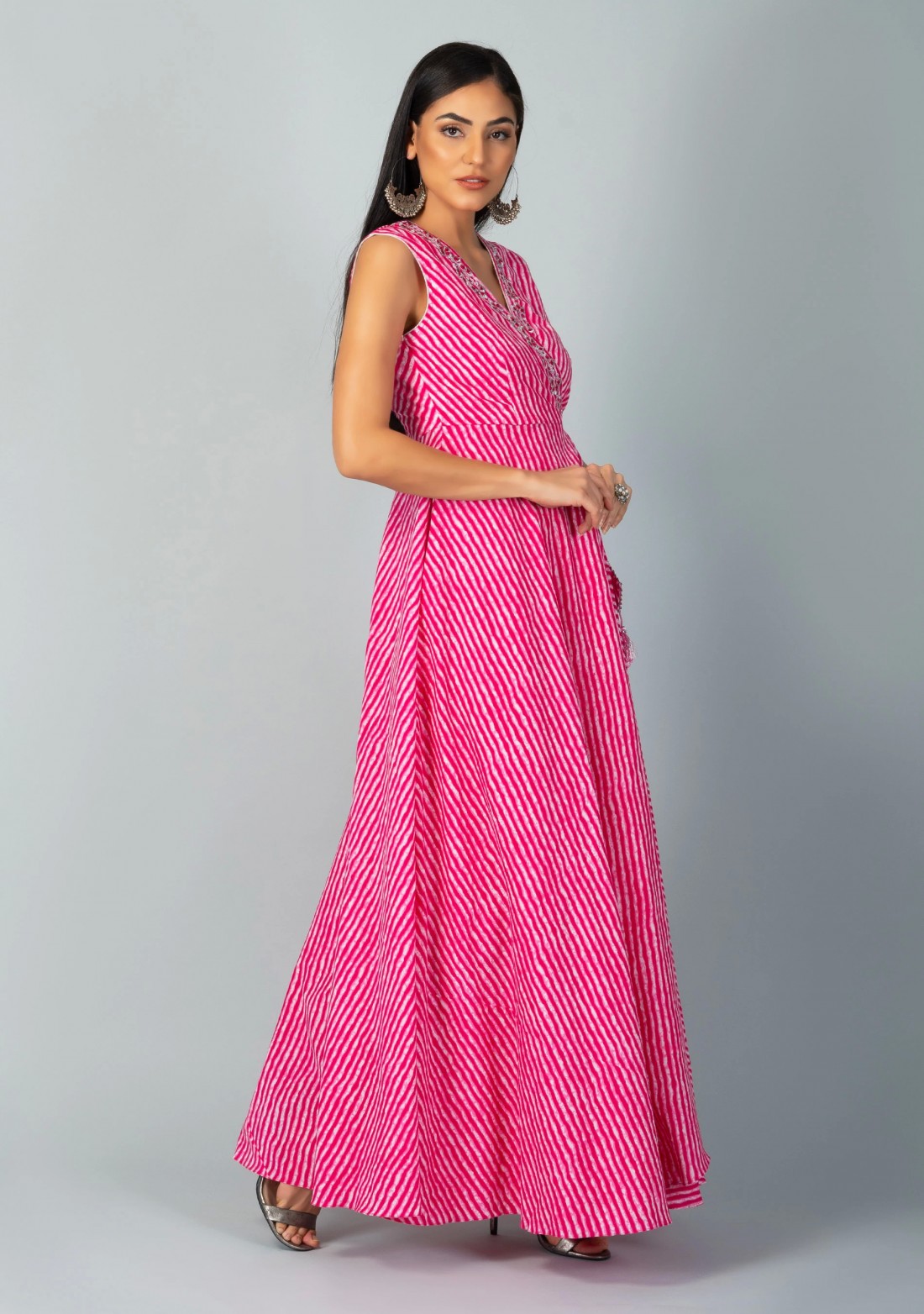 Pink Allover Lehariya Cotton Printed Double layered Dress