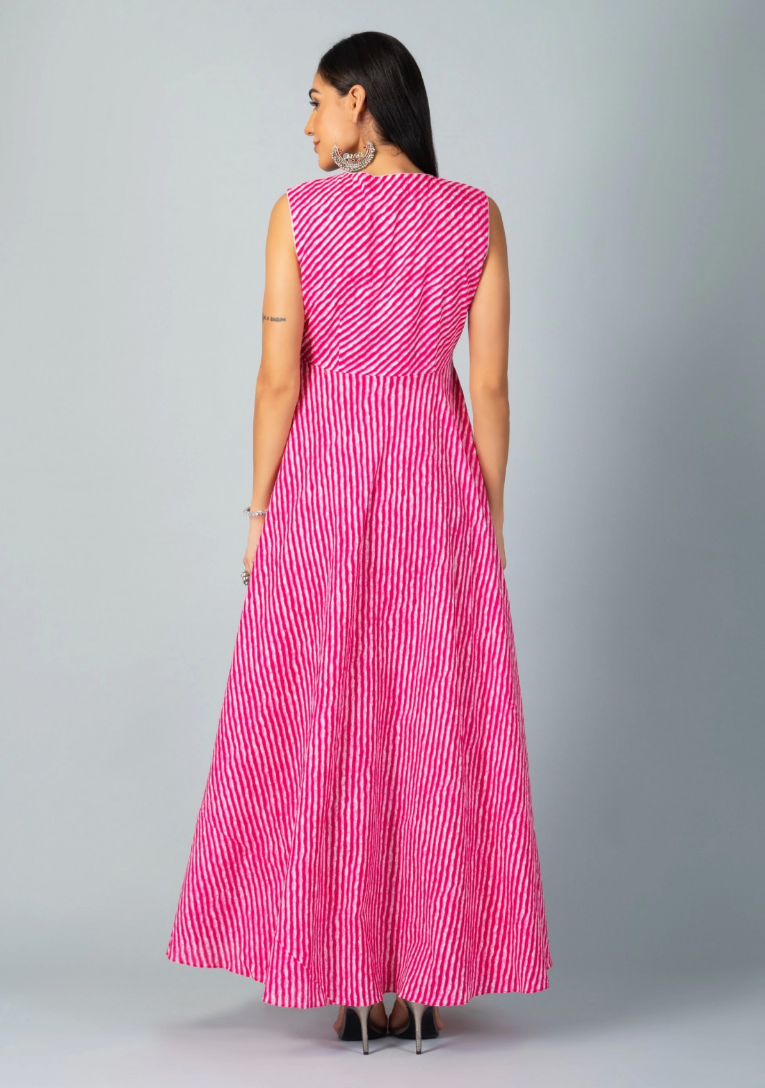 Pink Allover Lehariya Cotton Printed Double layered Dress