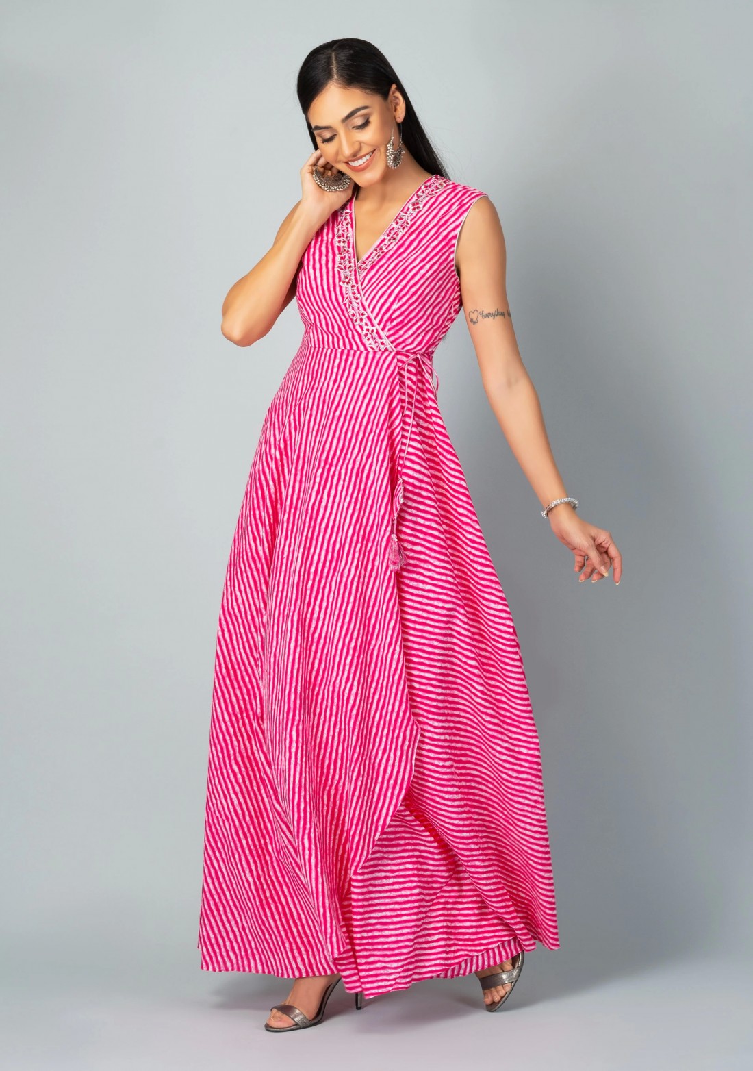 Pink Allover Lehariya Cotton Printed Double layered Dress