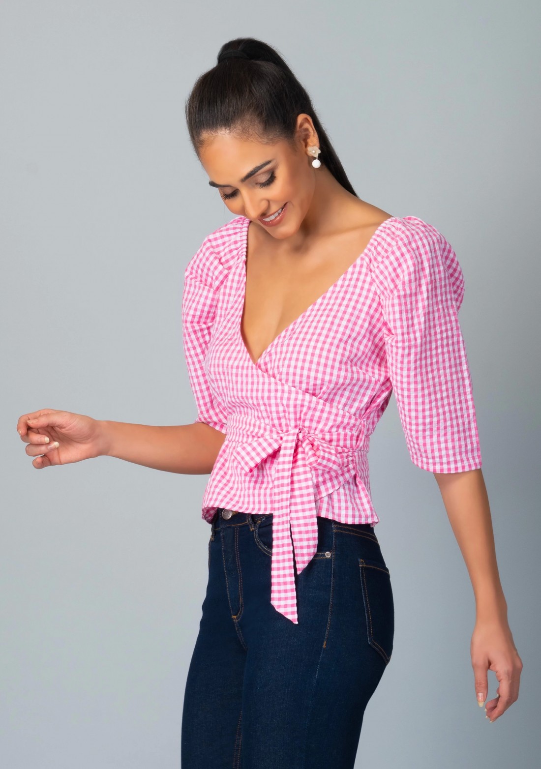 White and Pink Yarn Dyed Check Wrap Around Top