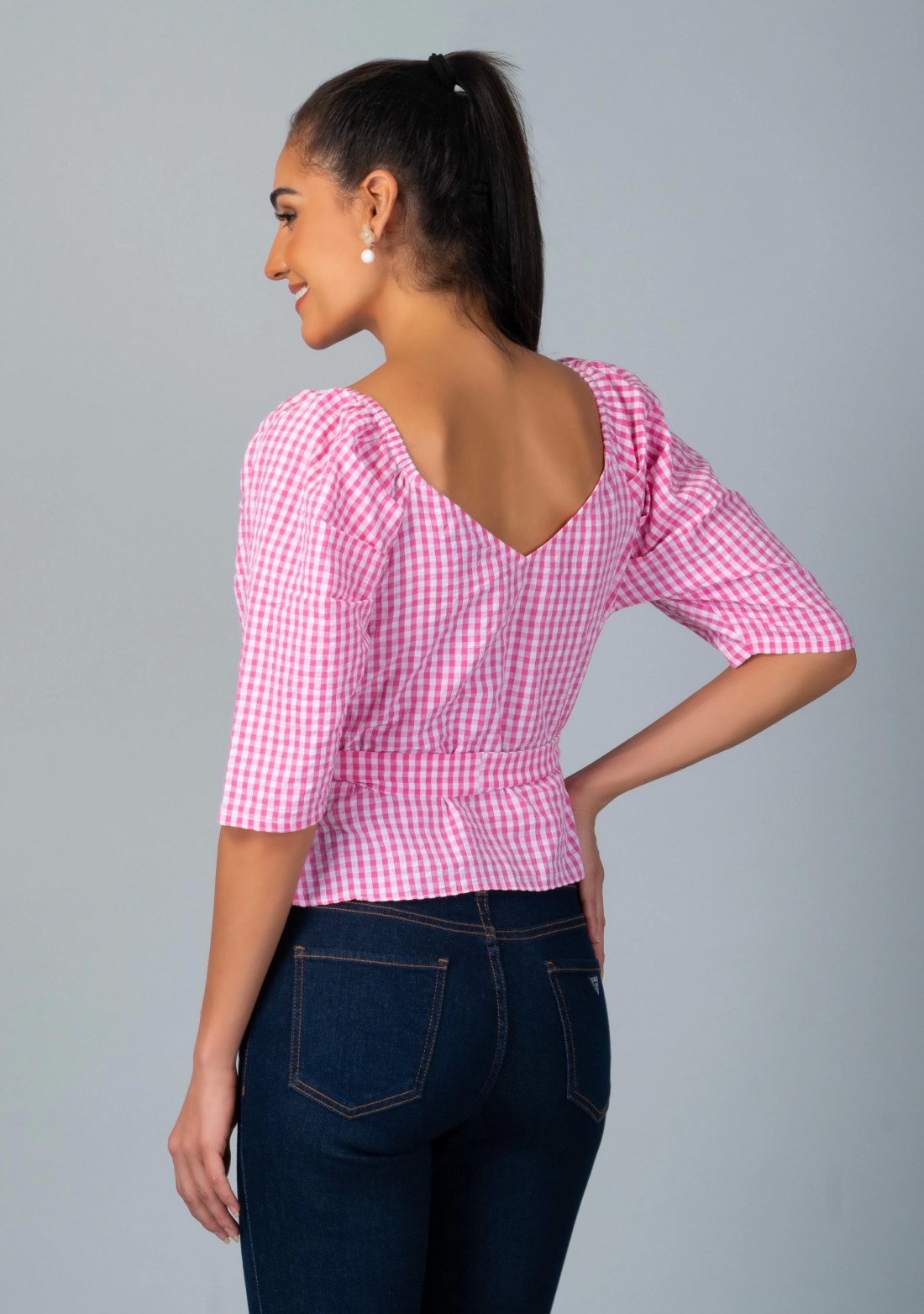 White and Pink Yarn Dyed Check Wrap Around Top