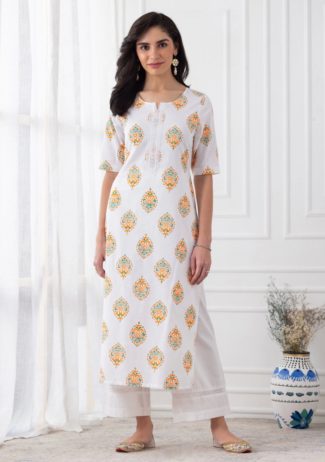 White Multi-Colour Motif Printed Cotton Kurta