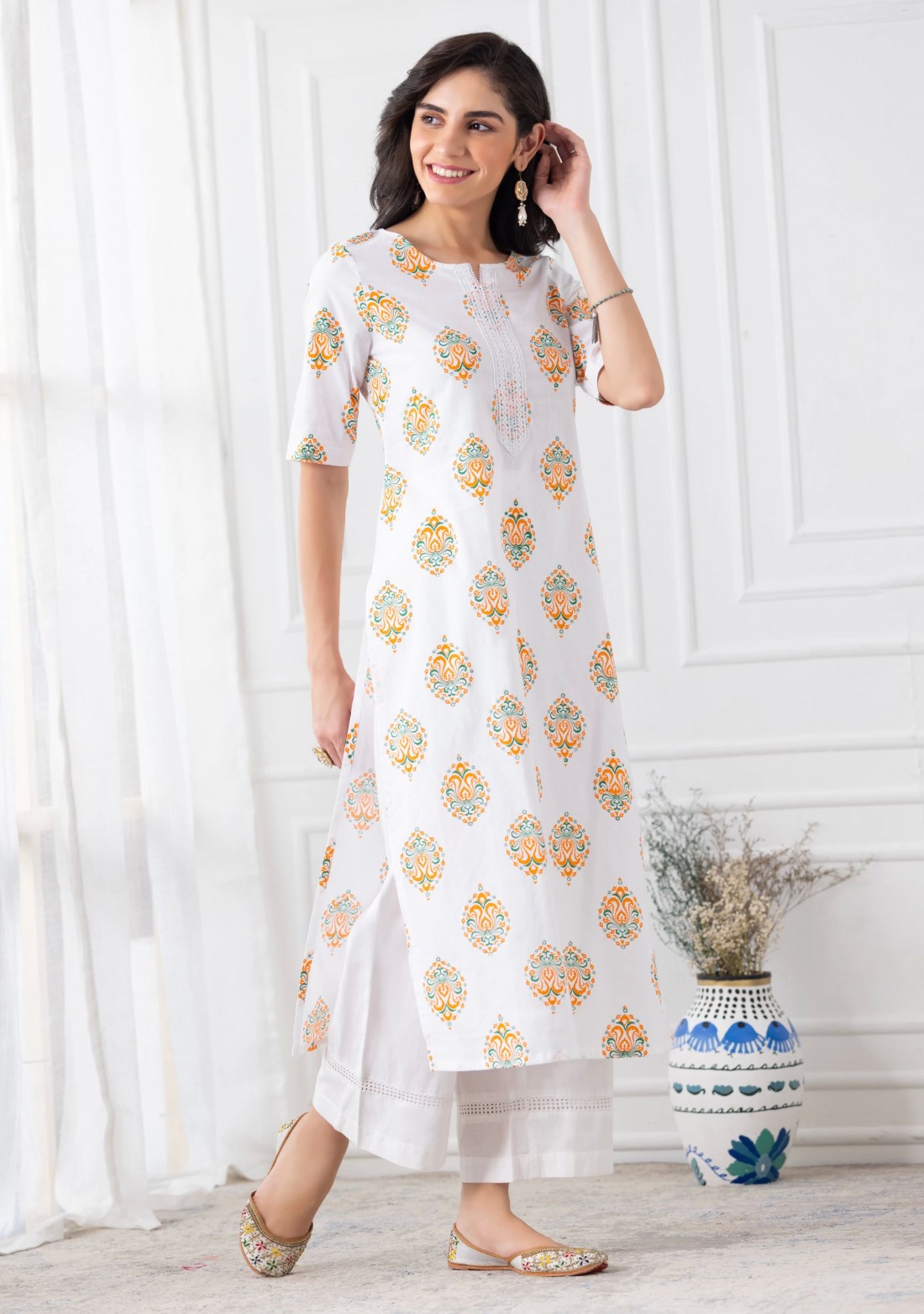 White Multi-Colour Motif Printed Cotton Kurta