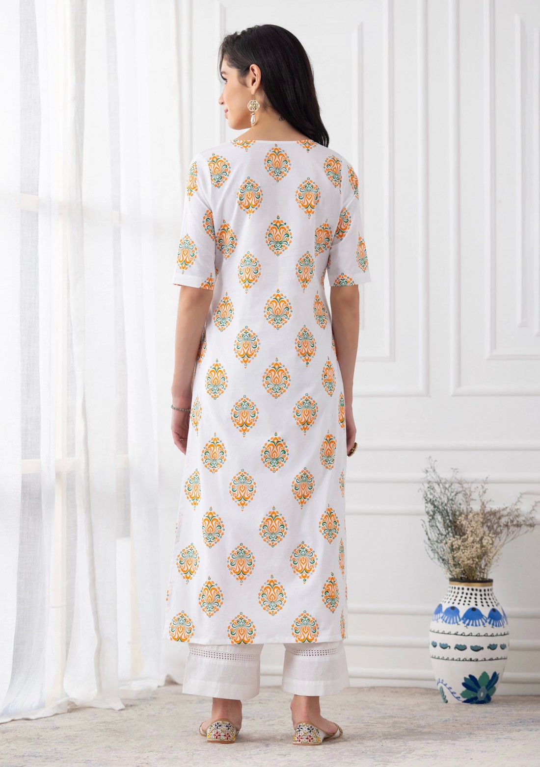 White Multi-Colour Motif Printed Cotton Kurta