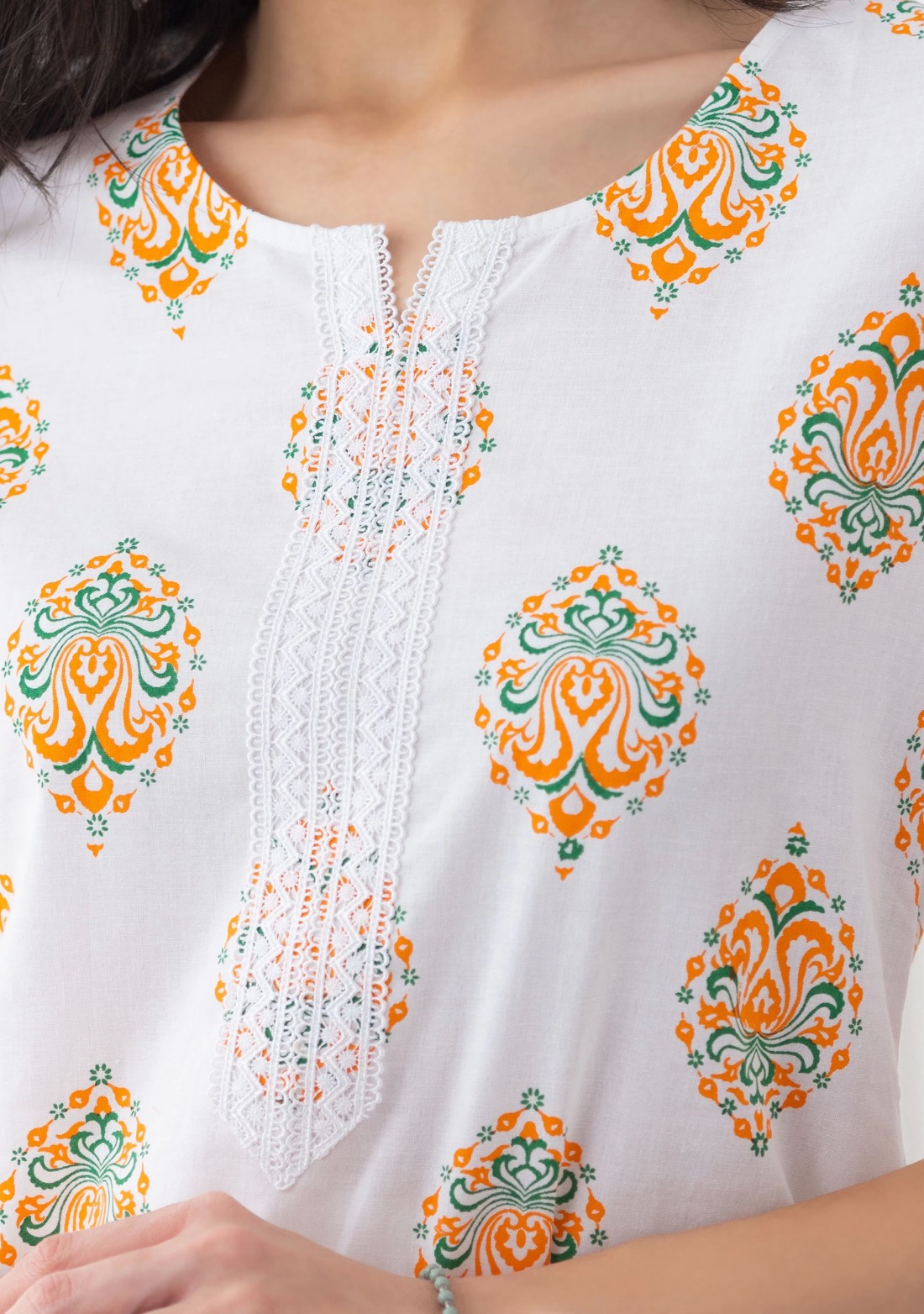 White Multi-Colour Motif Printed Cotton Kurta