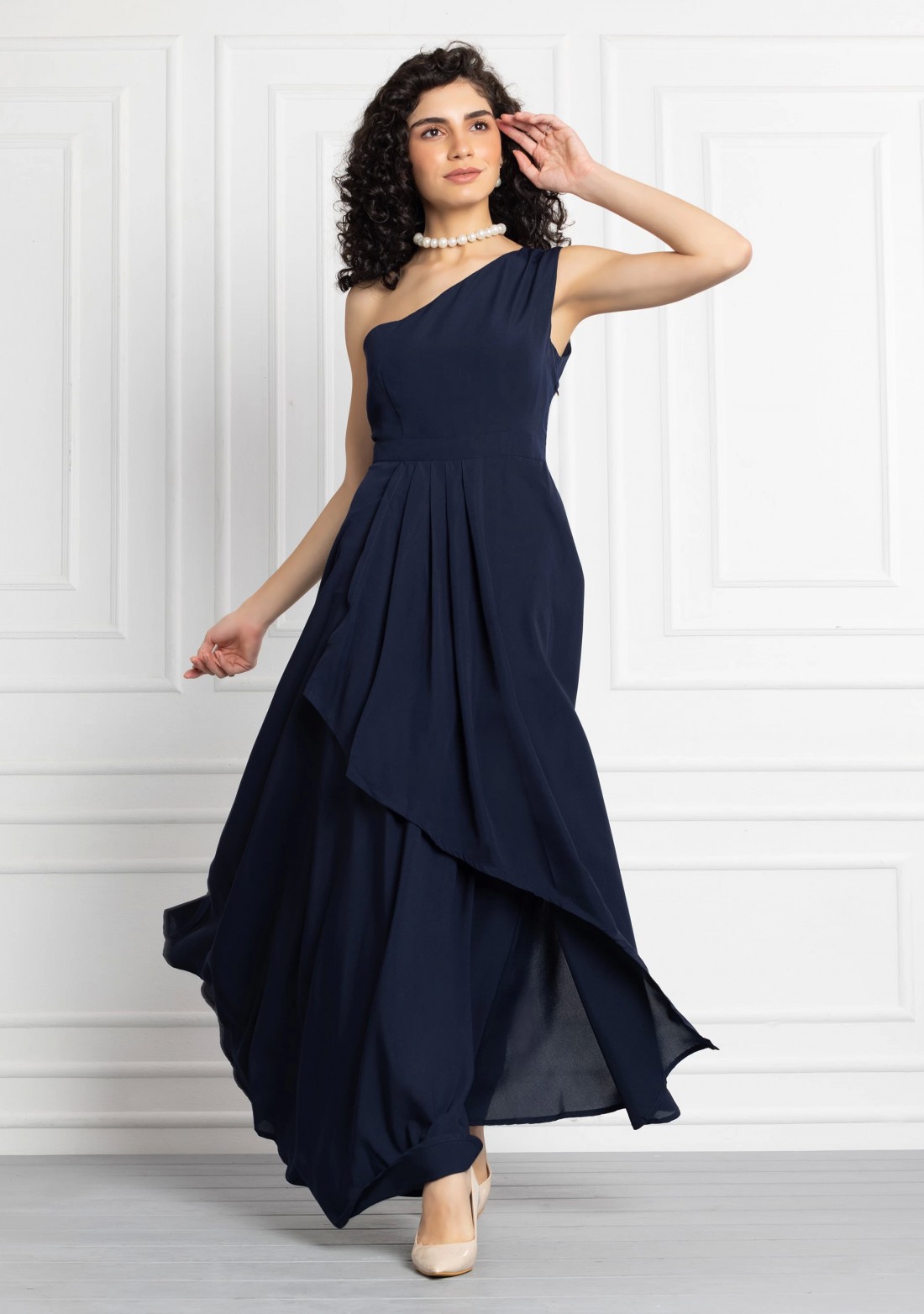 Dark Blue One Shoulder Draped Maxi Dress