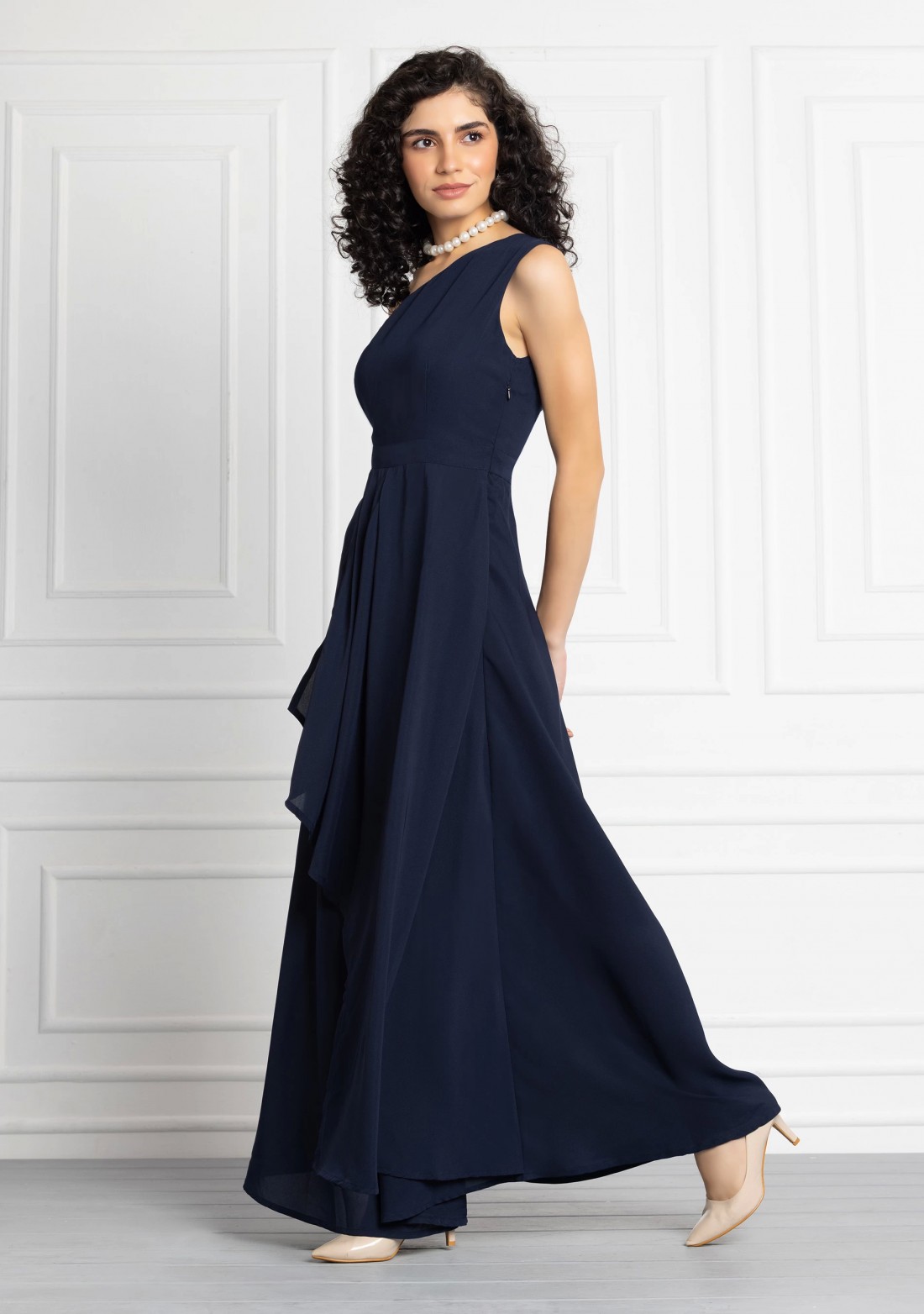 Dark Blue One Shoulder Draped Maxi Dress