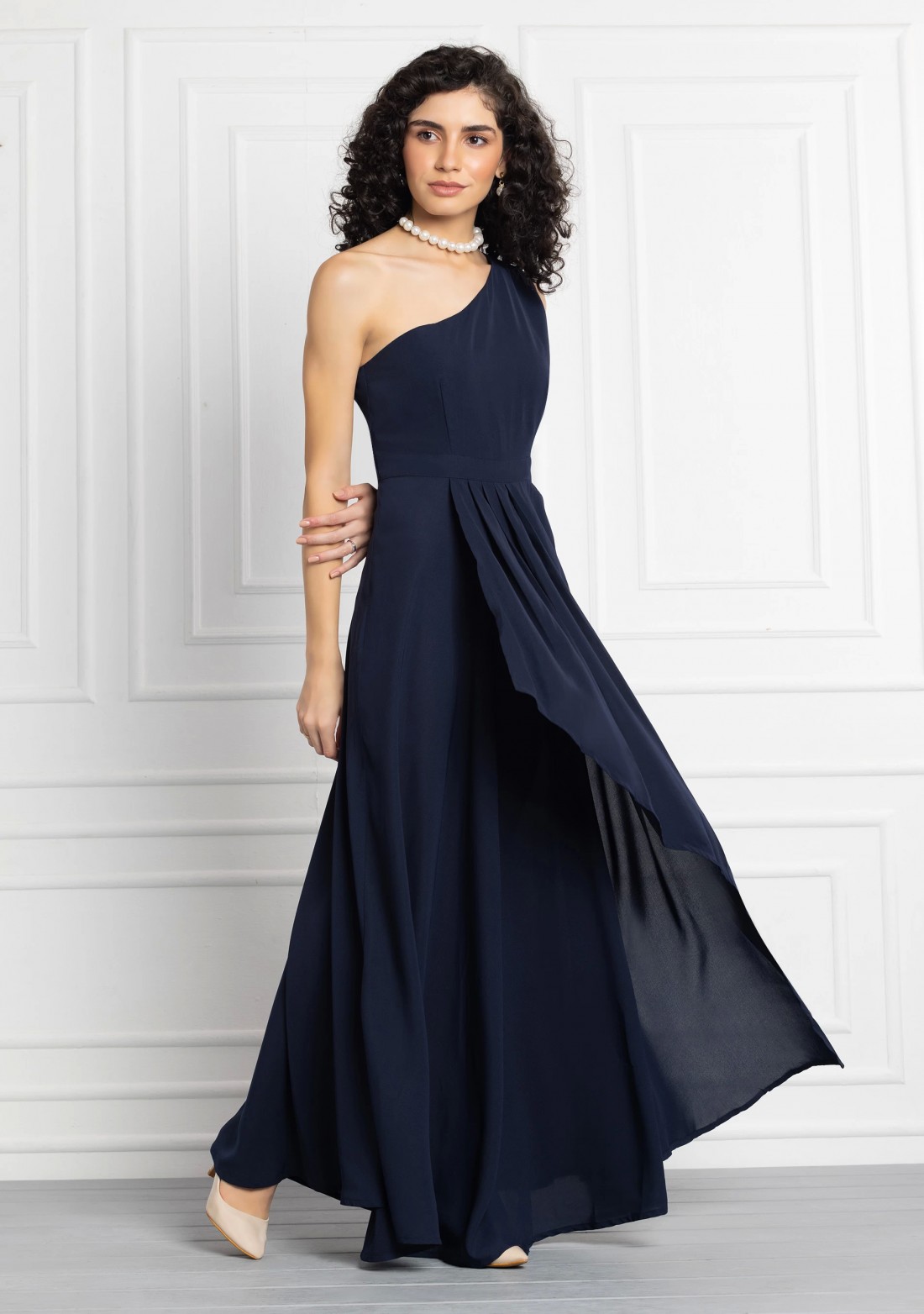 Dark Blue One Shoulder Draped Maxi Dress