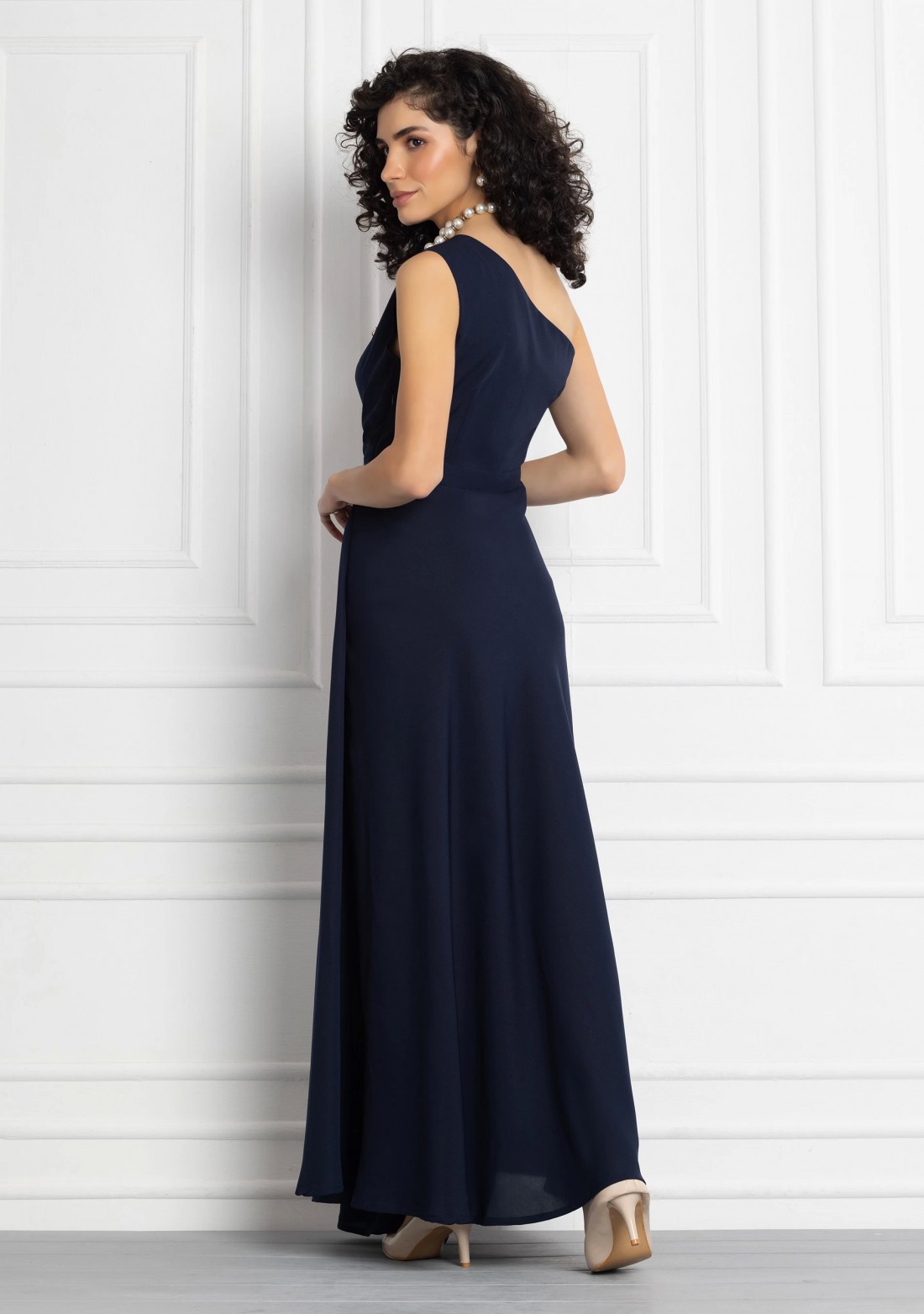 Dark Blue One Shoulder Draped Maxi Dress