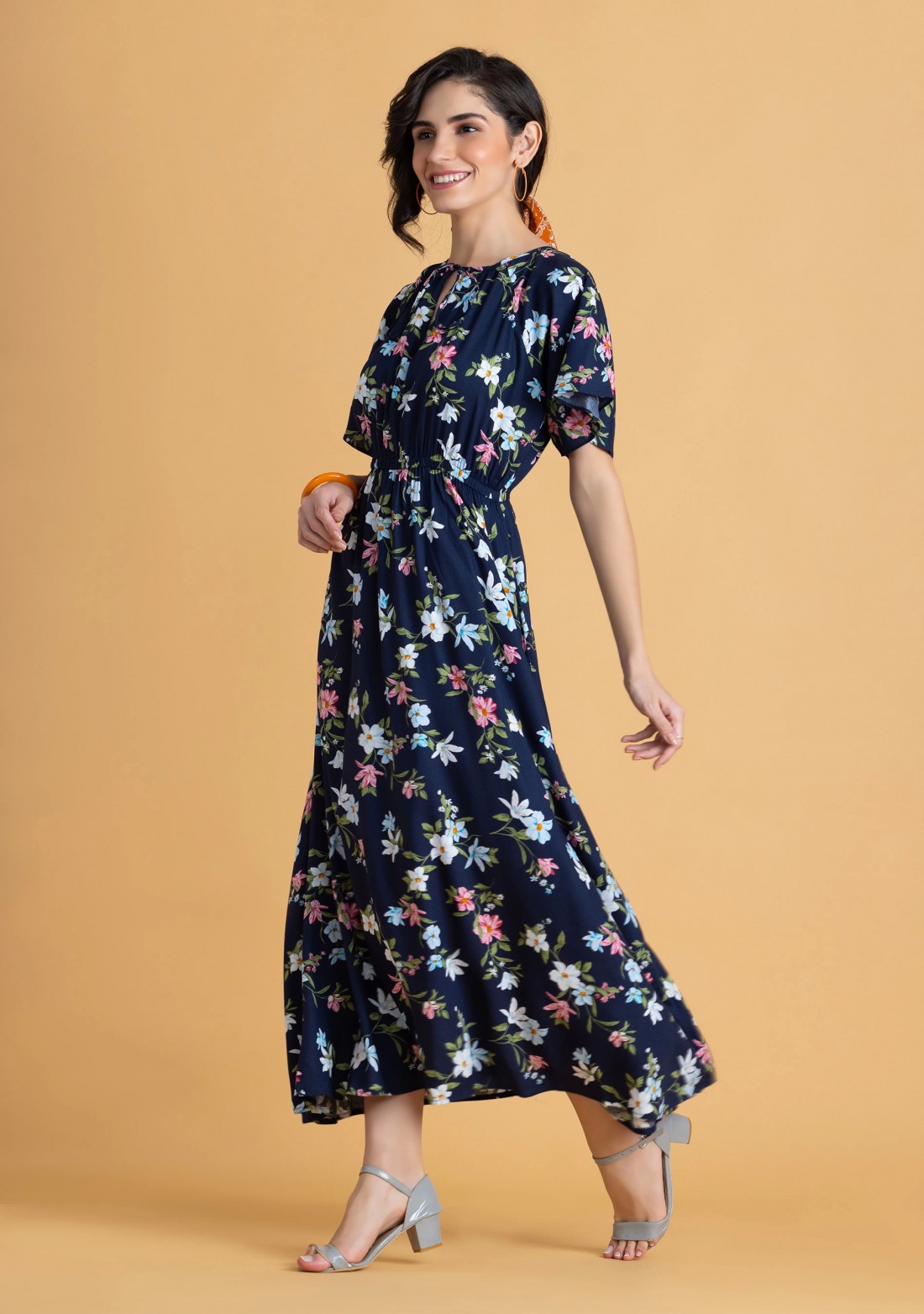 Dark Blue Floral Printed Rayon Long Dress