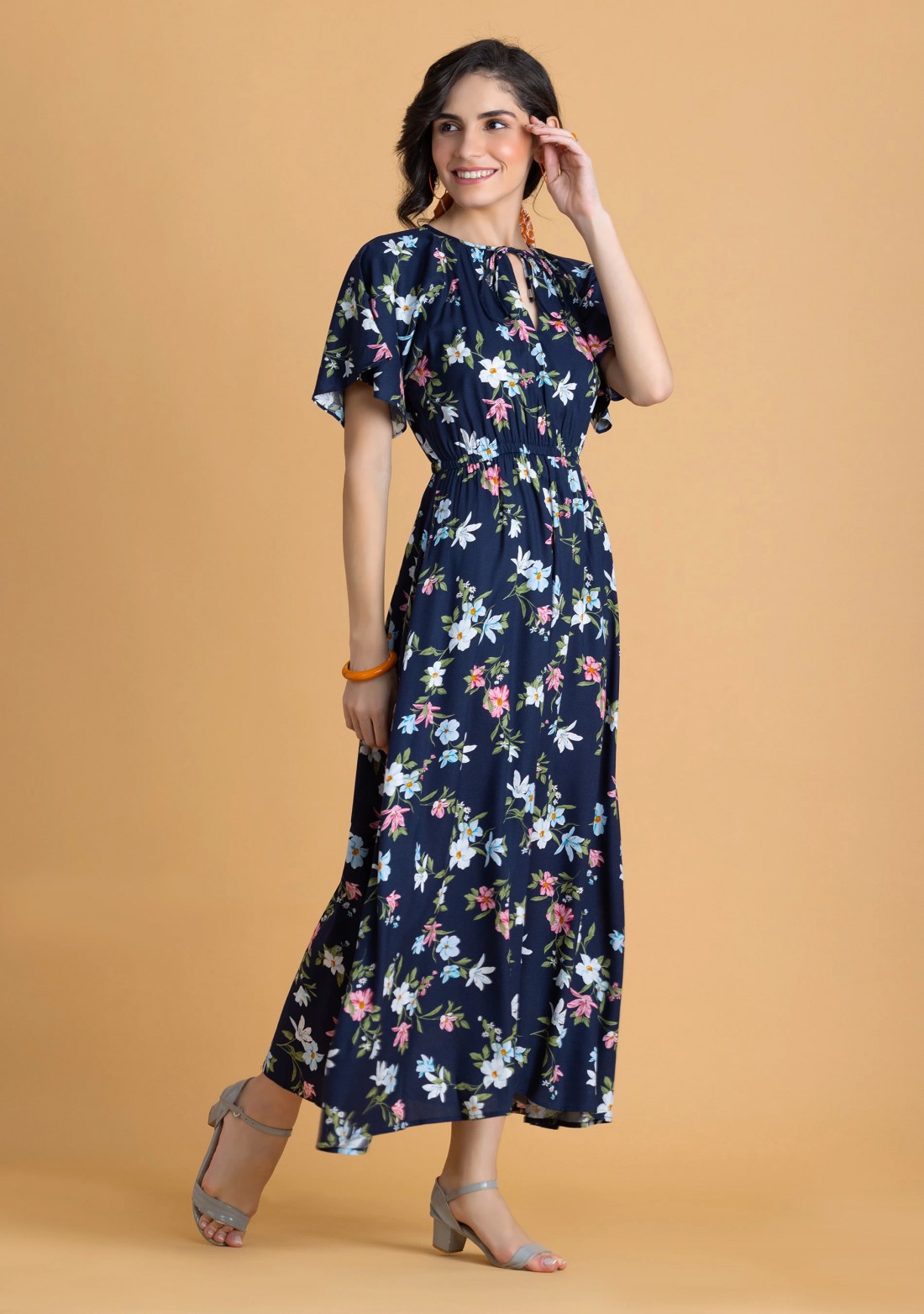 Dark Blue Floral Printed Rayon Long Dress