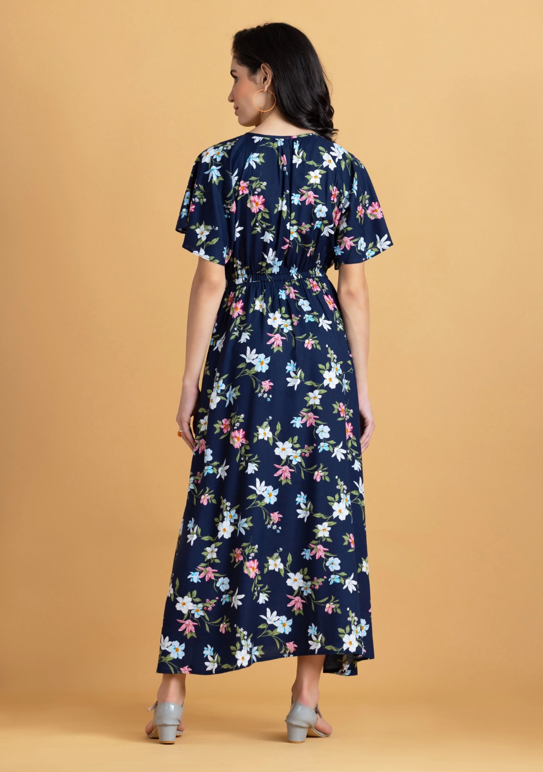 Dark Blue Floral Printed Rayon Long Dress