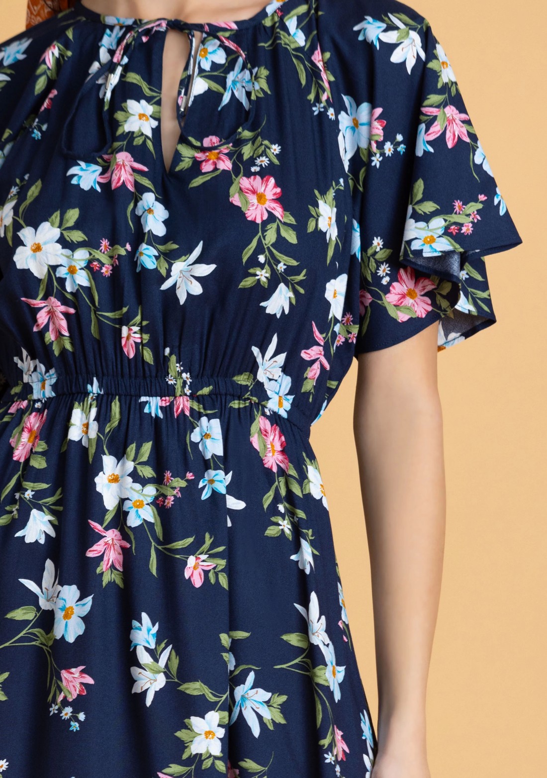 Dark Blue Floral Printed Rayon Long Dress