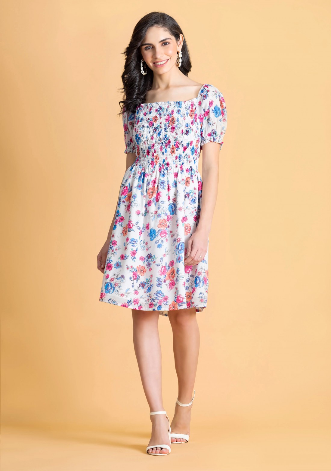 Multi Colour Floral Printed Georgette Mini Dress