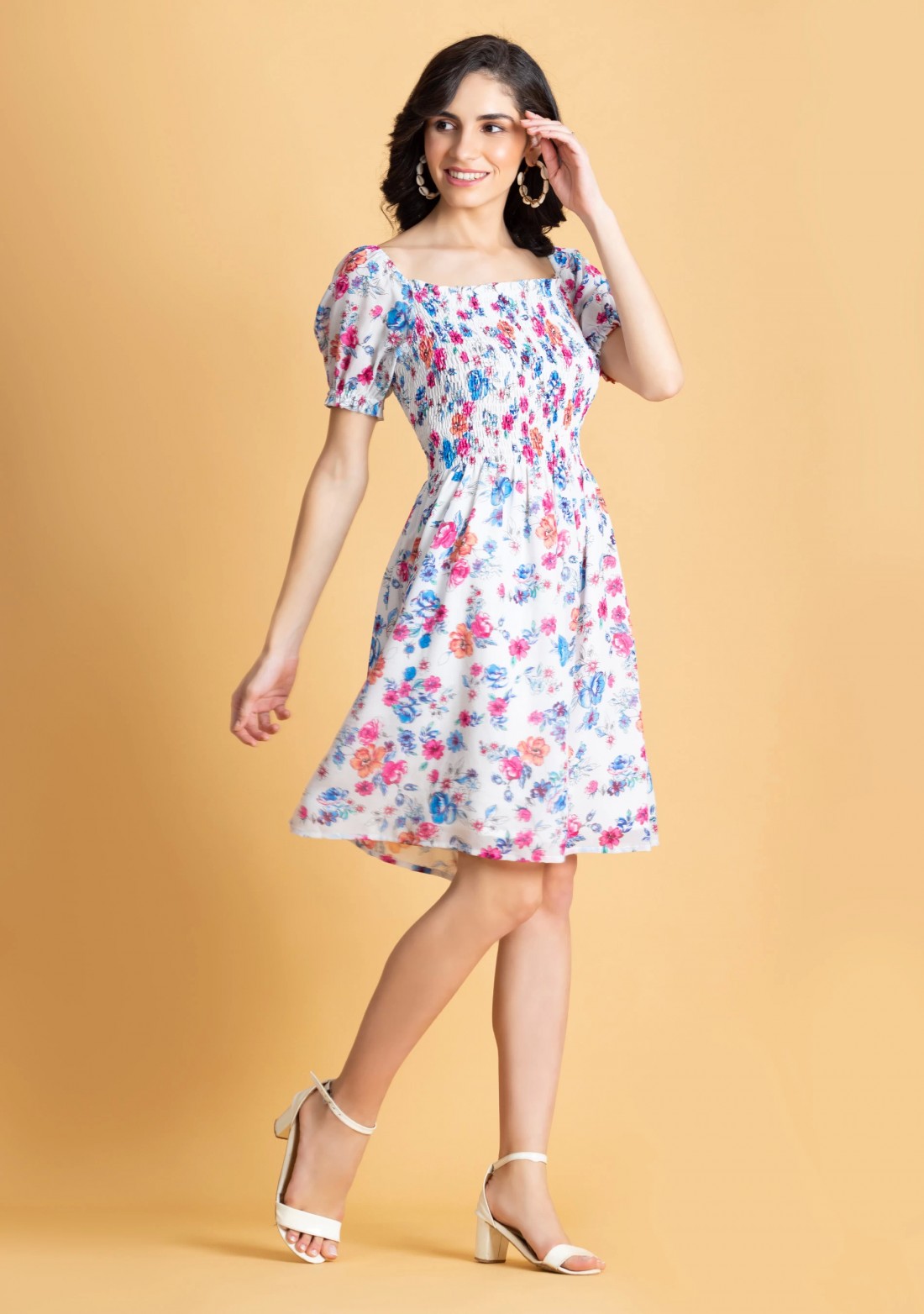 Multi Colour Floral Printed Georgette Mini Dress