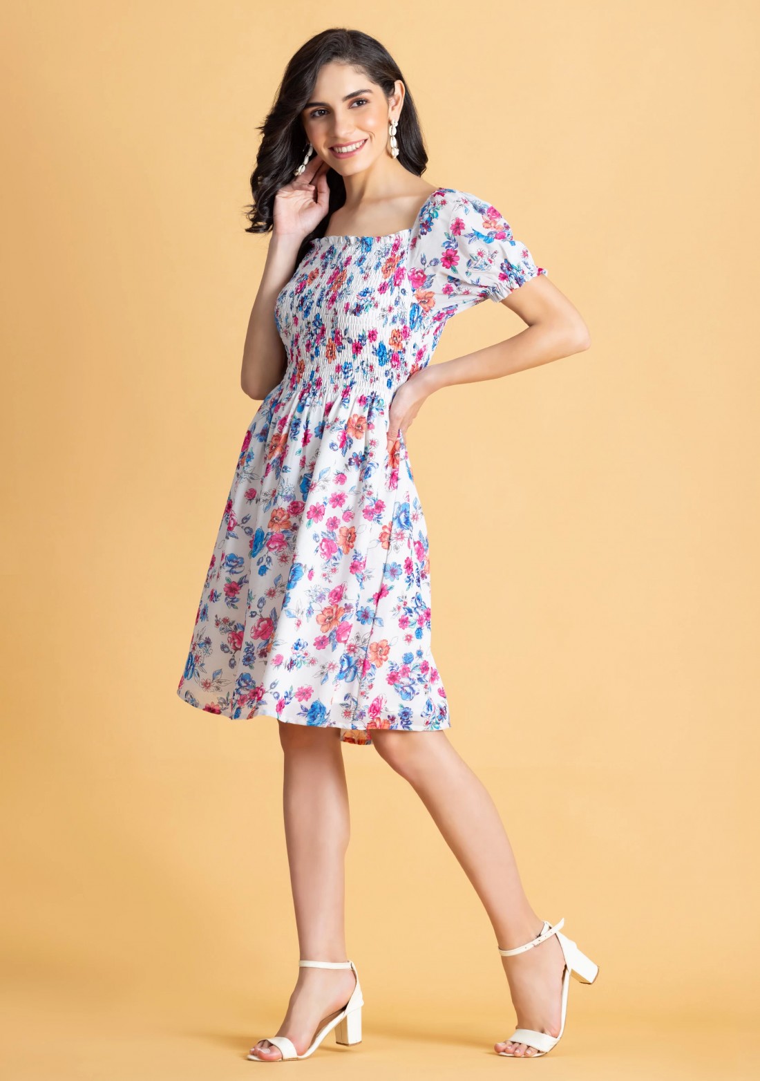 Multi Colour Floral Printed Georgette Mini Dress