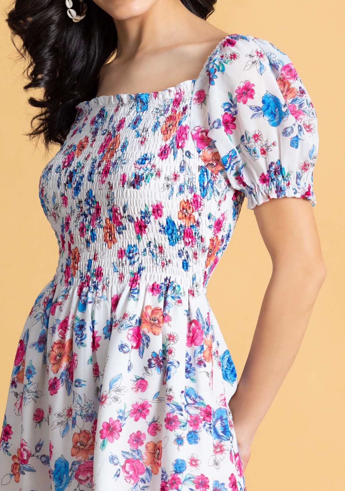 Multi Colour Floral Printed Georgette Mini Dress