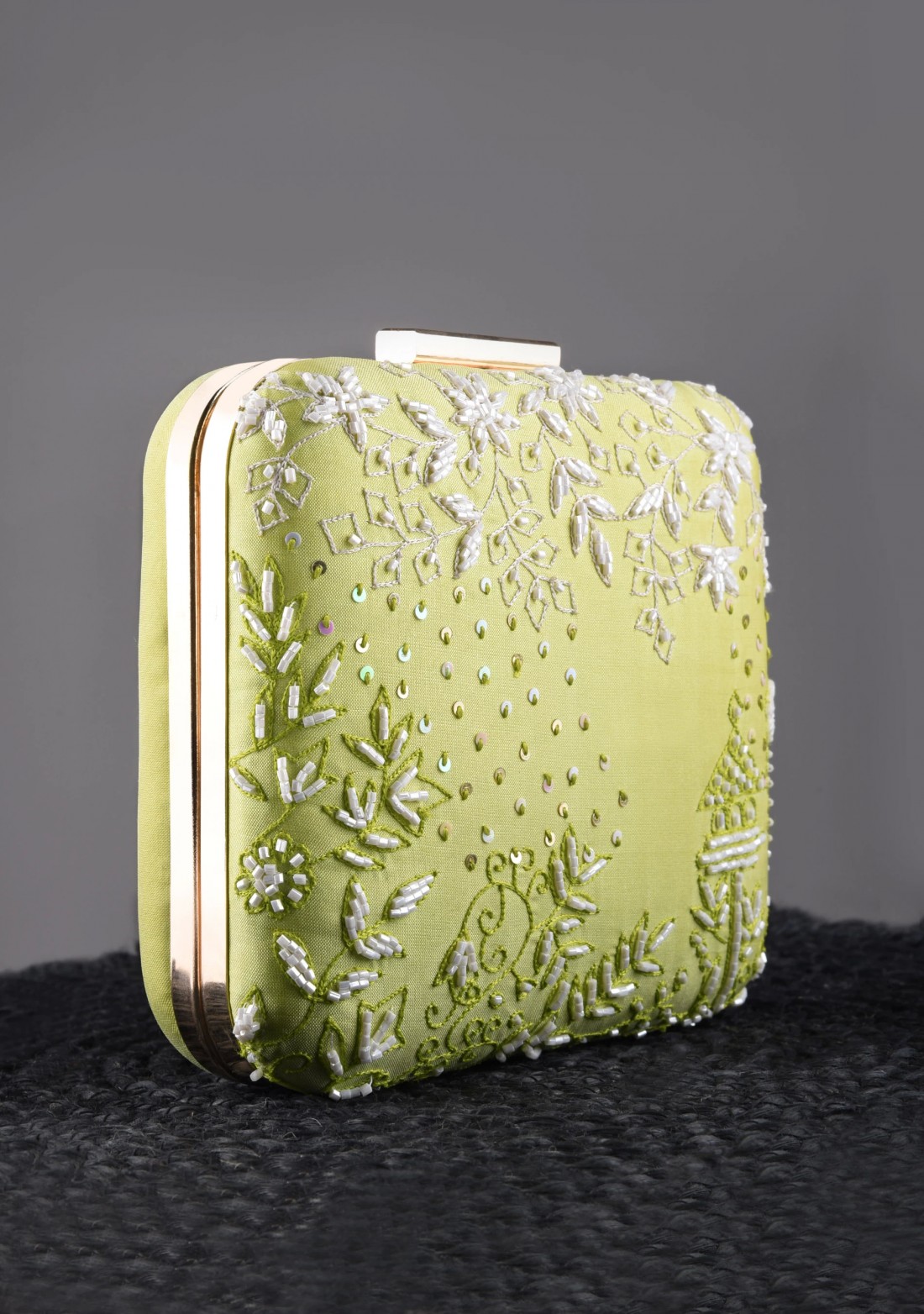 Lime Green Silk Hand Embroidered Clutch