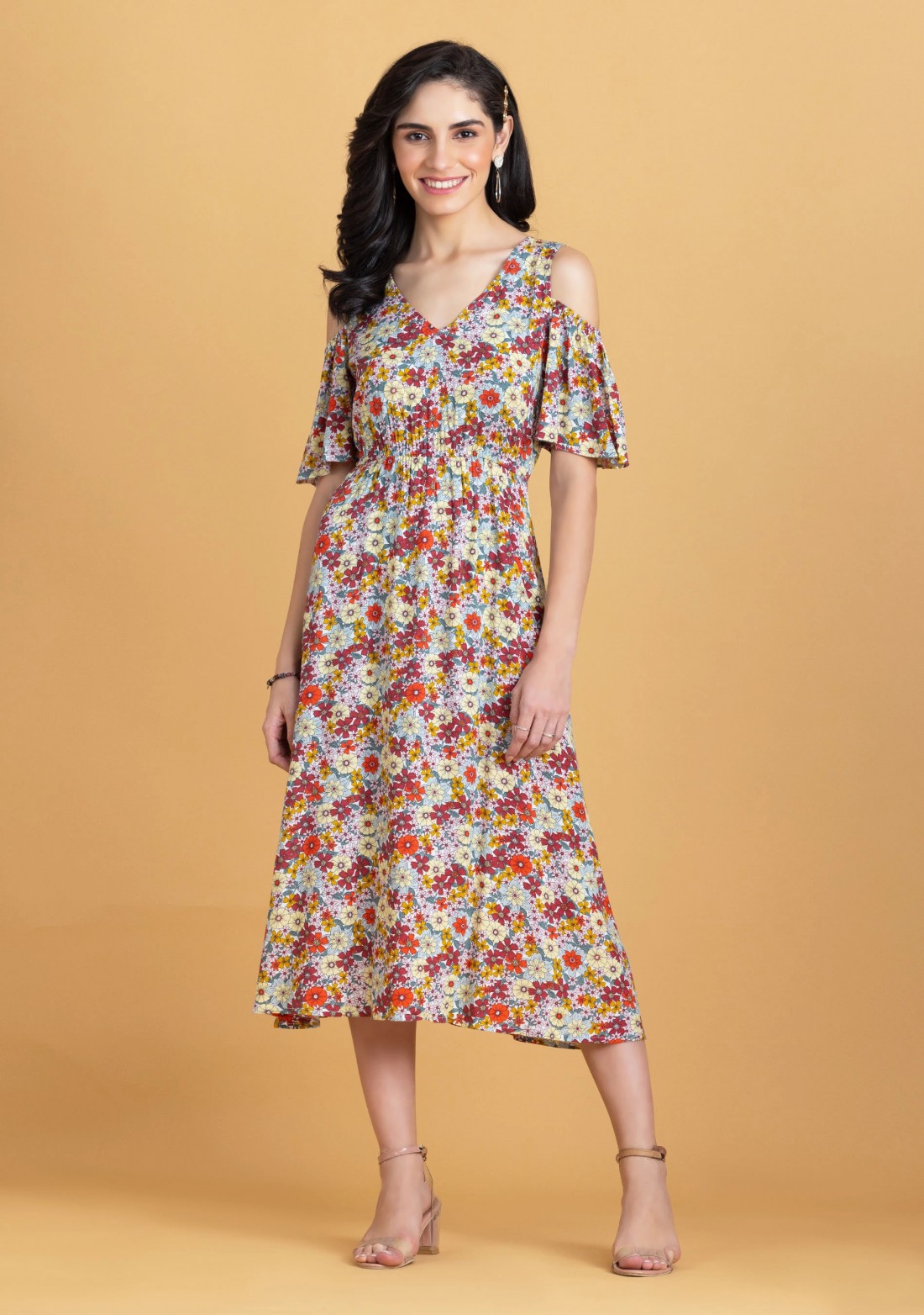 Multi Colour Floral Print Rayon Cold Shoulder Midi Dress