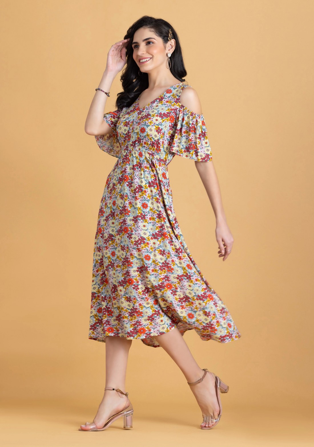 Multi Colour Floral Print Rayon Cold Shoulder Midi Dress