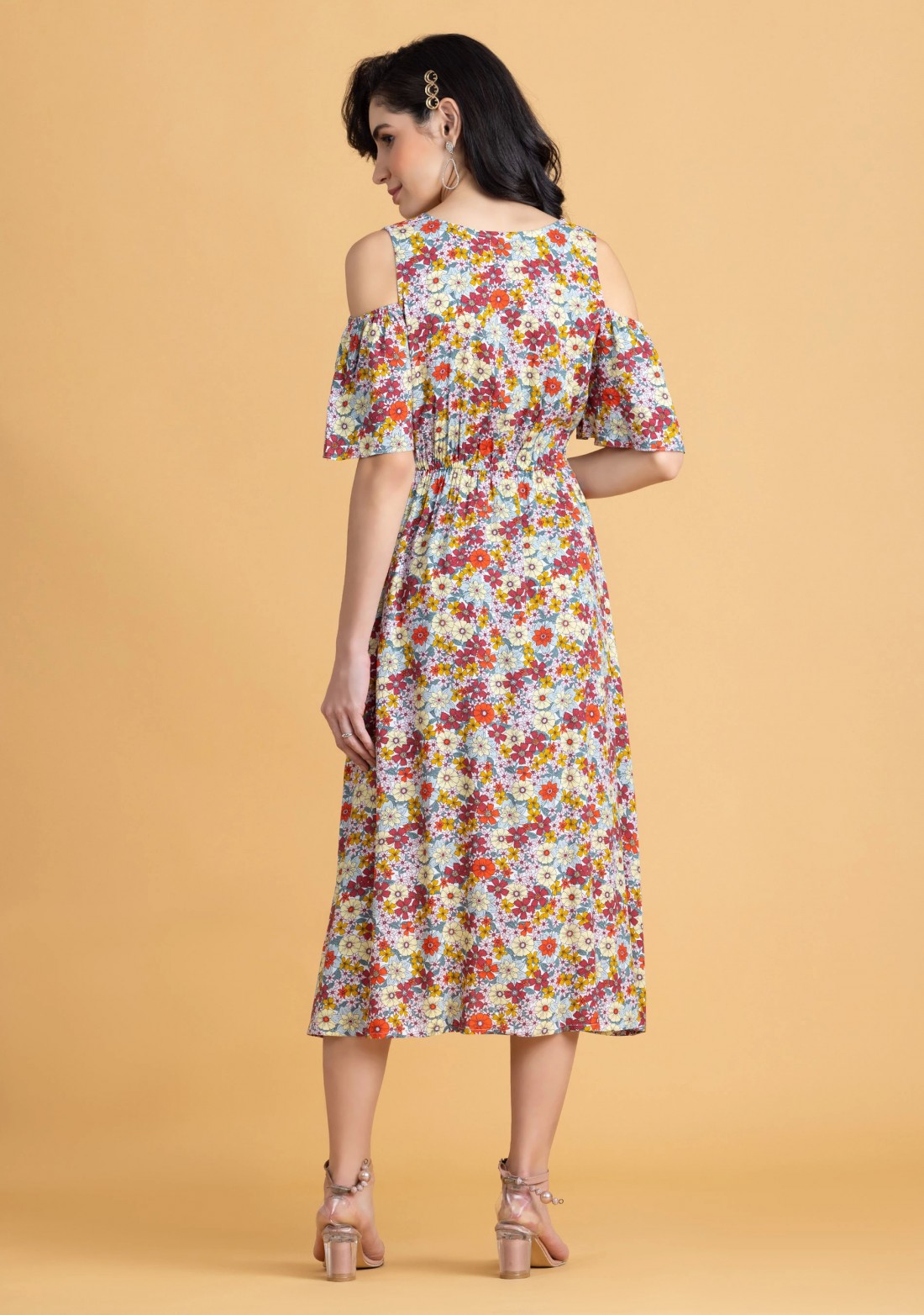 Multi Colour Floral Print Rayon Cold Shoulder Midi Dress