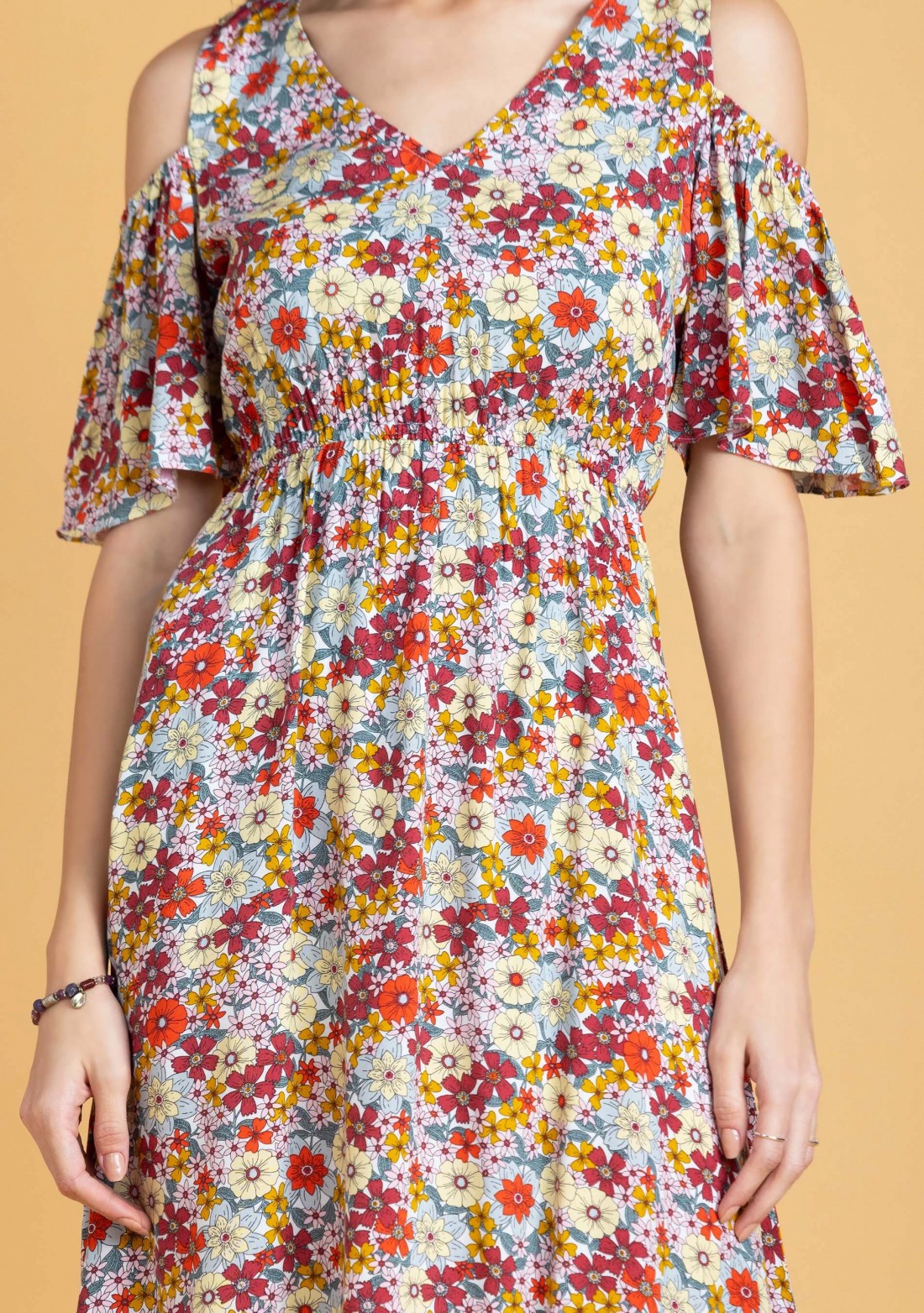 Multi Colour Floral Print Rayon Cold Shoulder Midi Dress