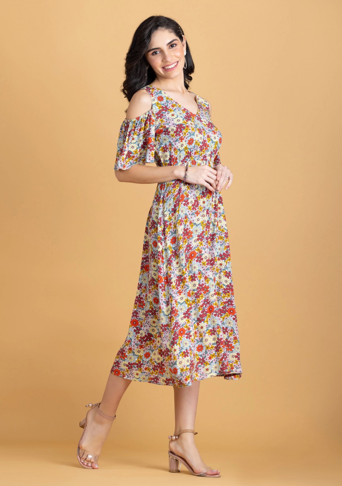 Multi Colour Floral Print Rayon Cold Shoulder Midi Dress