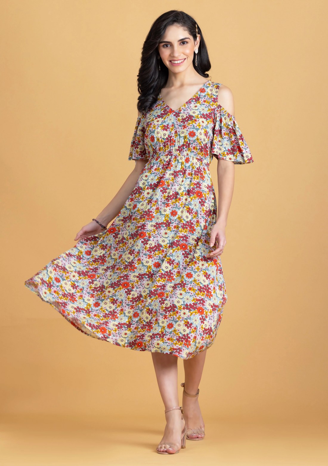 Multi Colour Floral Print Rayon Cold Shoulder Midi Dress Buy Online at Best Price Mehar