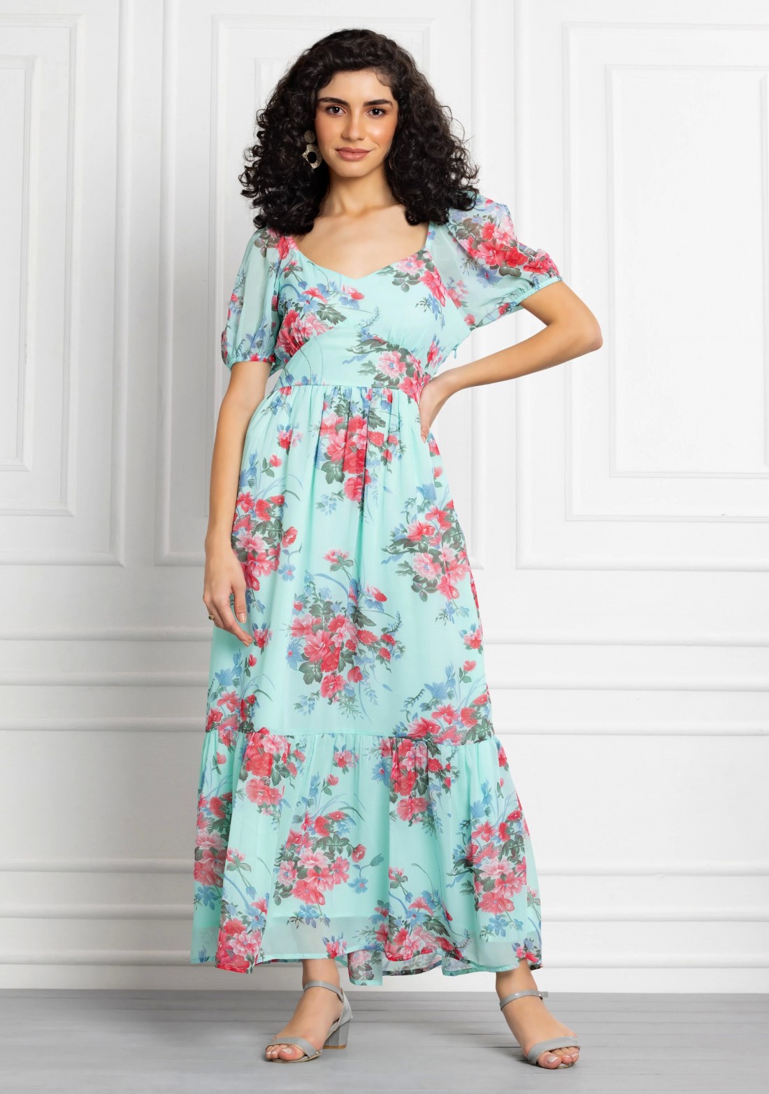 Mint Colour Floral Print Georgette Maxi Dress