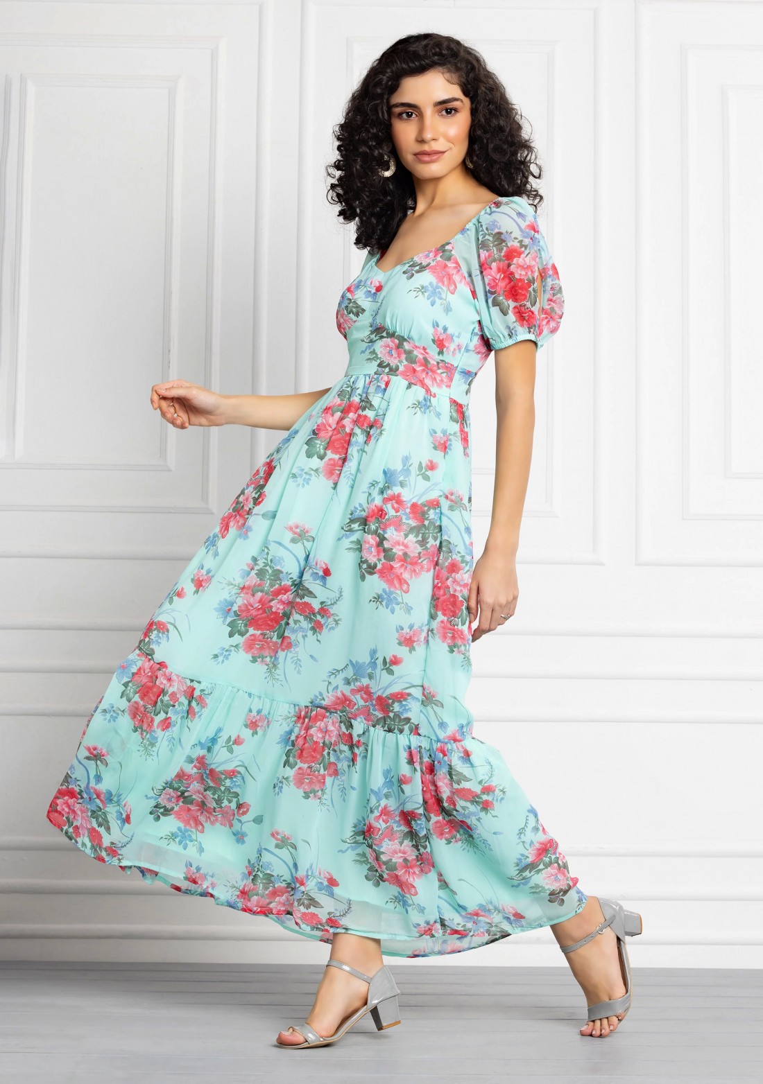 Mint Colour Floral Print Georgette Maxi Dress