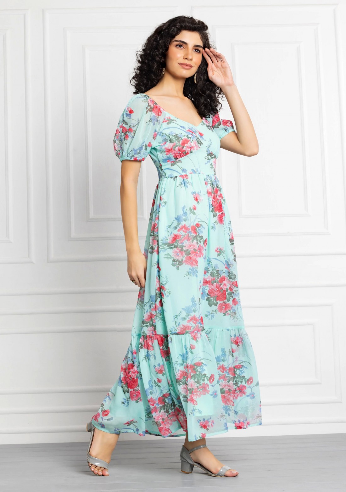 Mint Colour Floral Print Georgette Maxi Dress