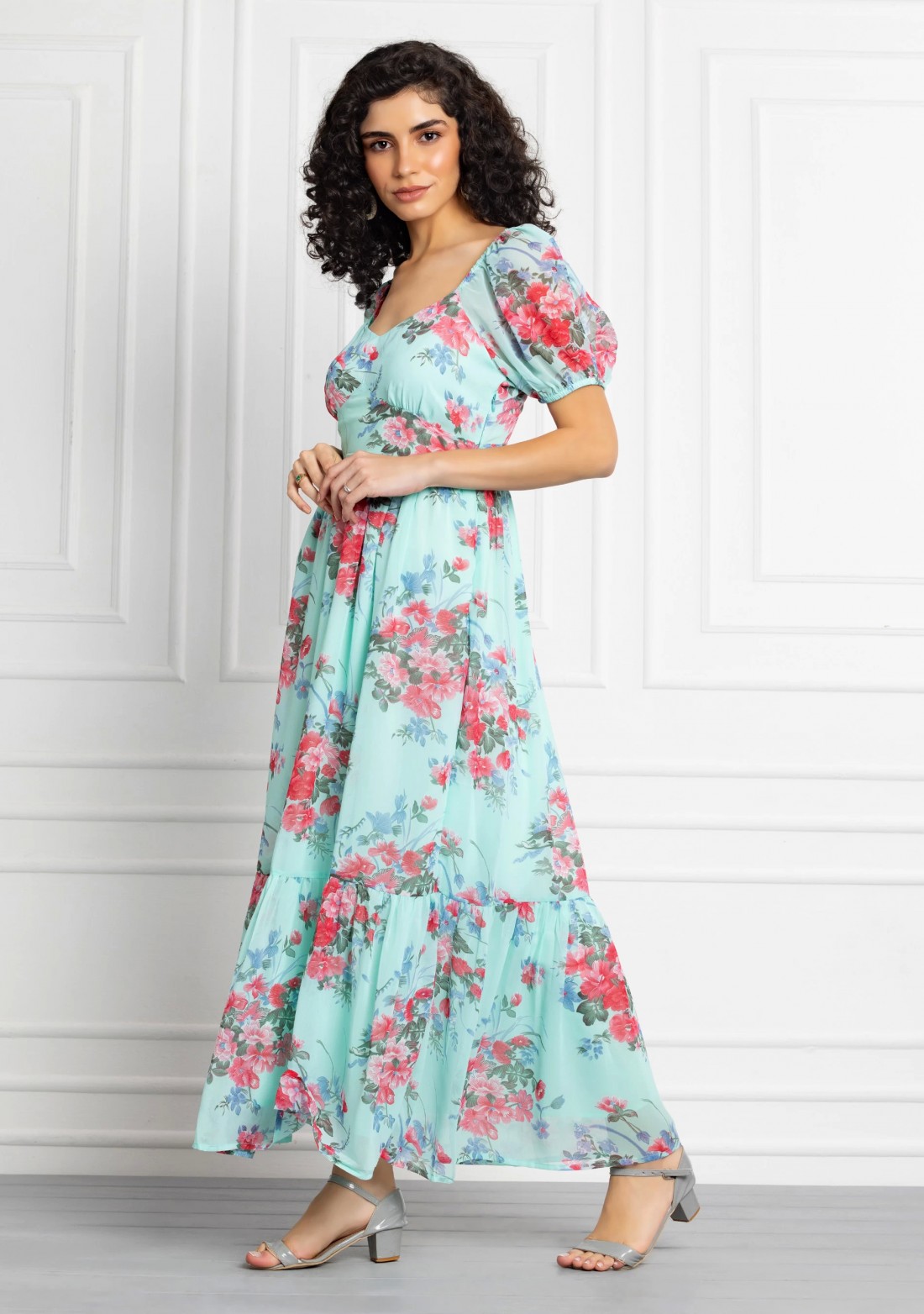 Mint Colour Floral Print Georgette Maxi Dress