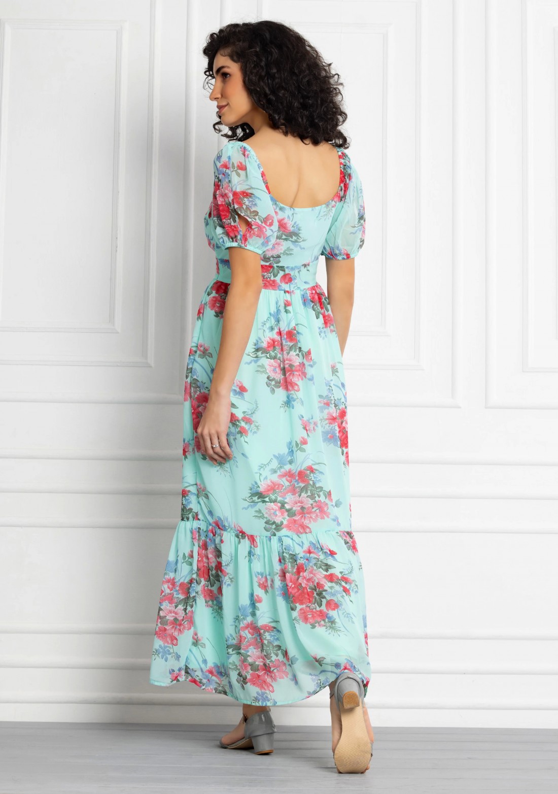 Mint Colour Floral Print Georgette Maxi Dress