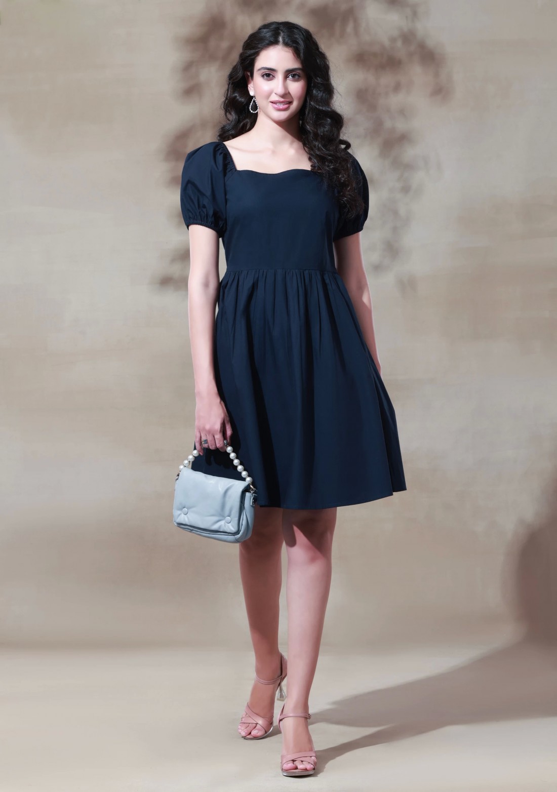 Dark Navy Blue Poplin Puff Sleeves Mini Dress - Buy Online at Best Price |  Mehar