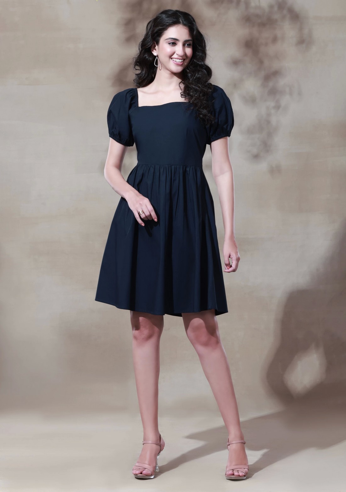 Dark Navy Blue Poplin Puff Sleeves Mini Dress