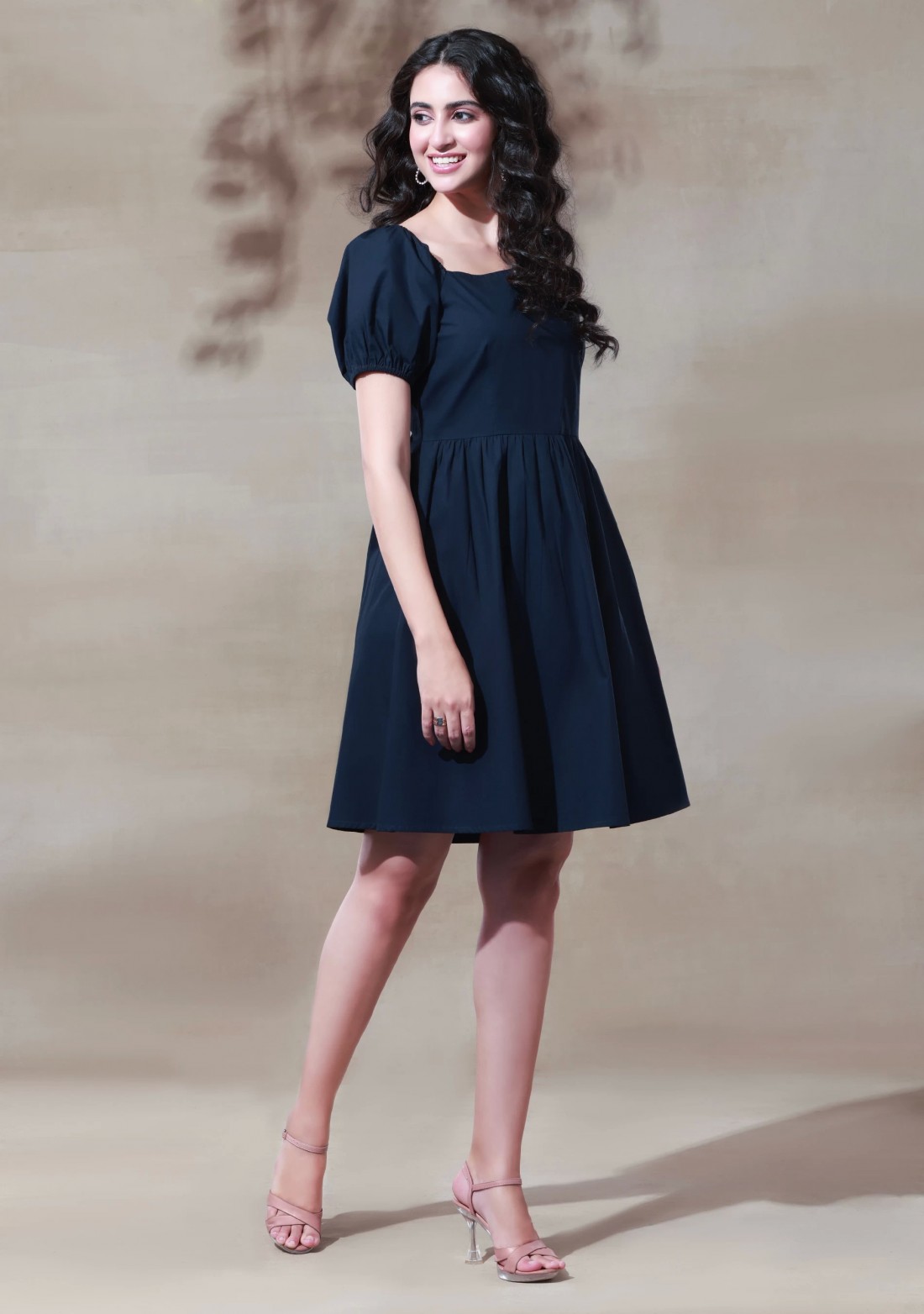 Dark Navy Blue Poplin Puff Sleeves Mini Dress