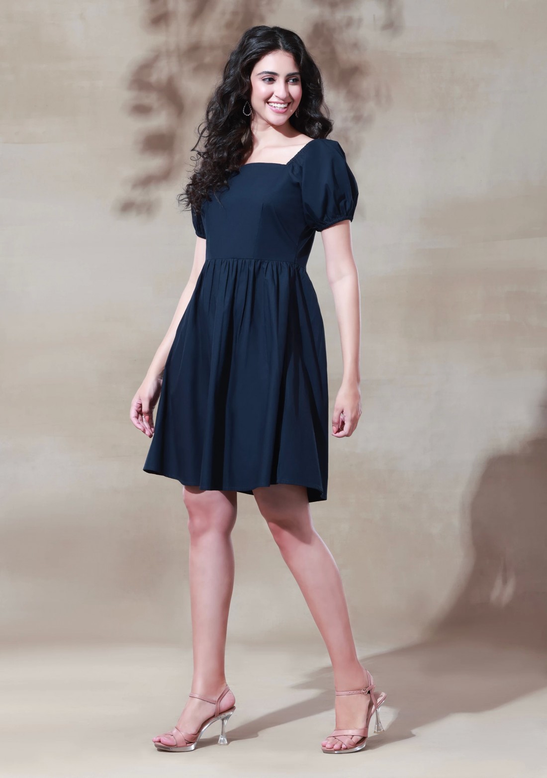 Dark Navy Blue Poplin Puff Sleeves Mini Dress