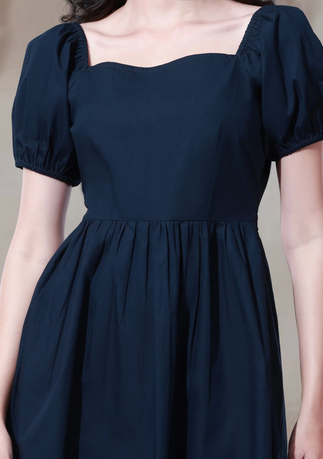 Dark Navy Blue Poplin Puff Sleeves Mini Dress