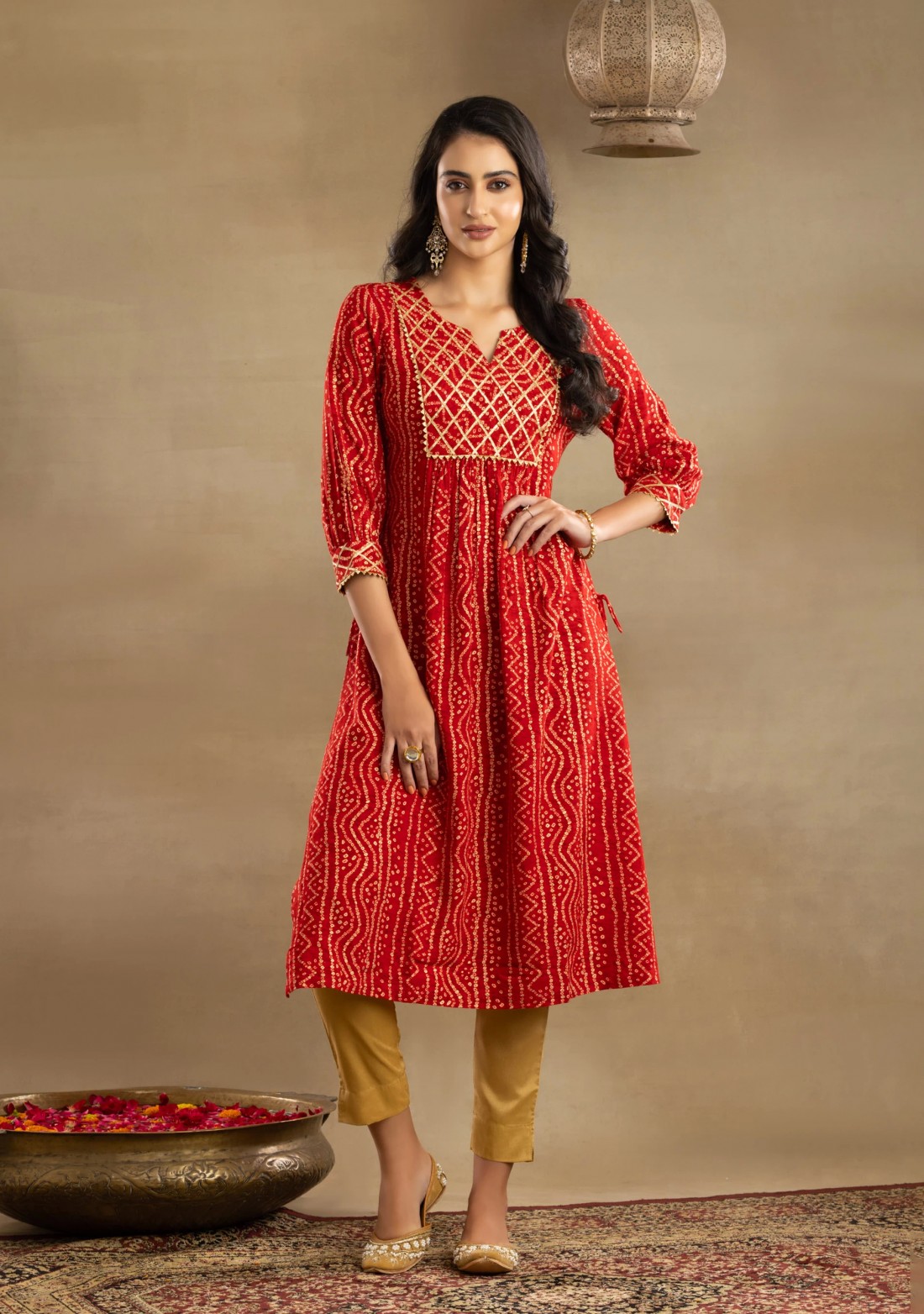 Red Bandhej Printed Gathered Straight Rayon Kurta