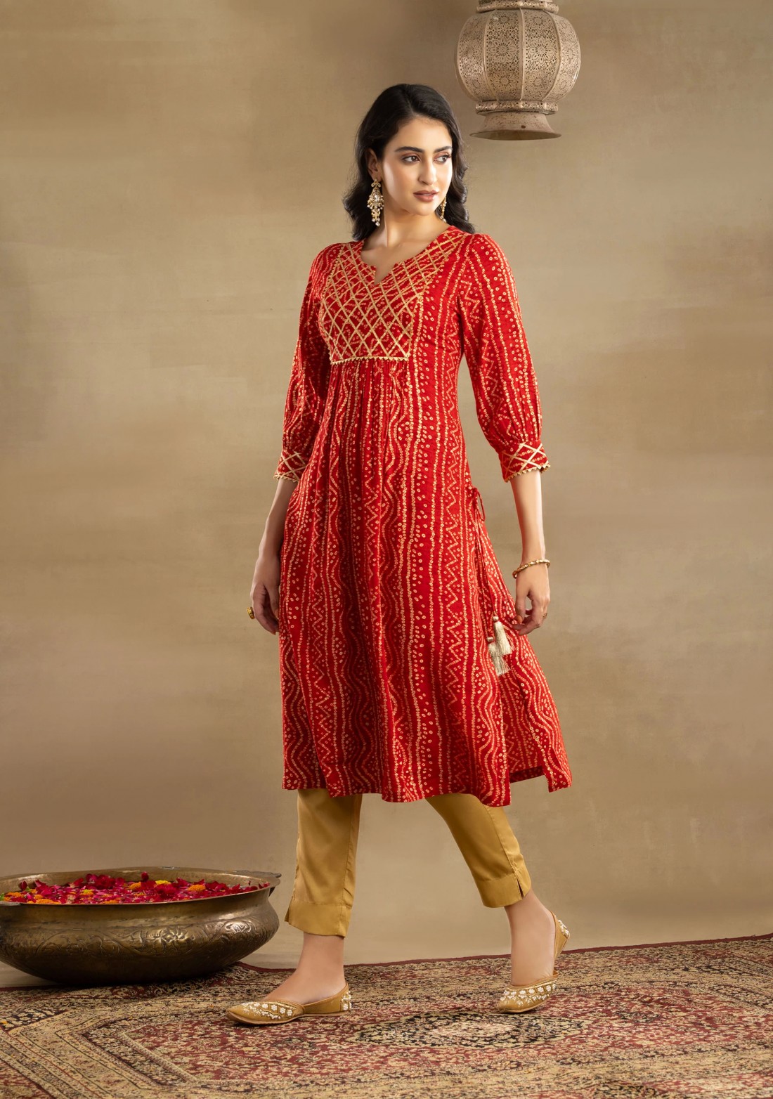 Red Bandhej Printed Gathered Straight Rayon Kurta