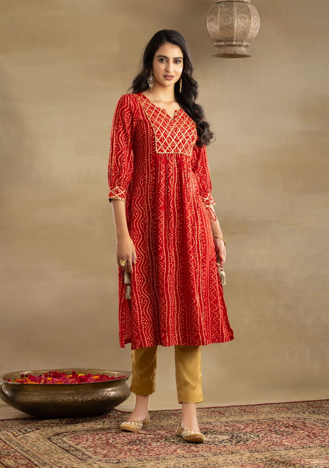 Red Bandhej Printed Gathered Straight Rayon Kurta