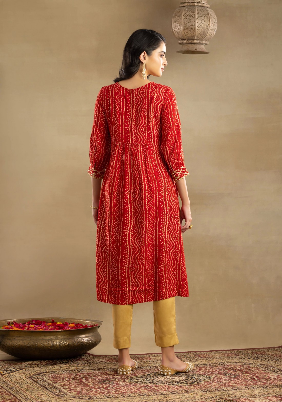 Red Bandhej Printed Gathered Straight Rayon Kurta