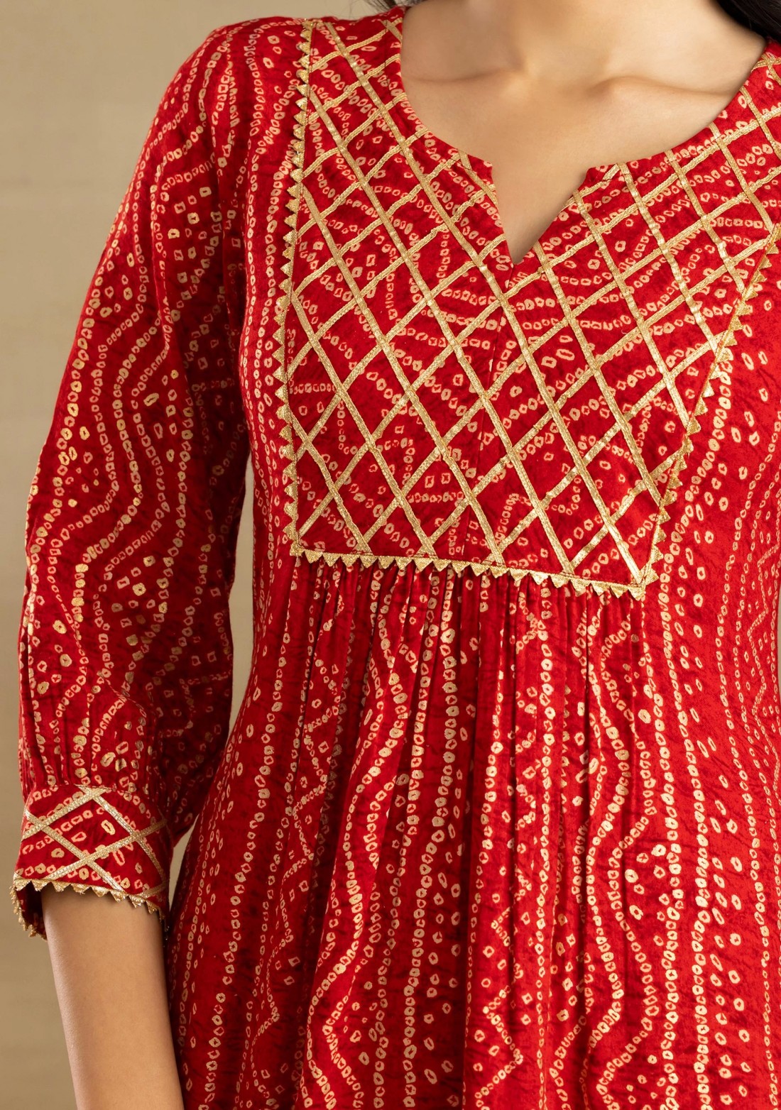 Red Bandhej Printed Gathered Straight Rayon Kurta