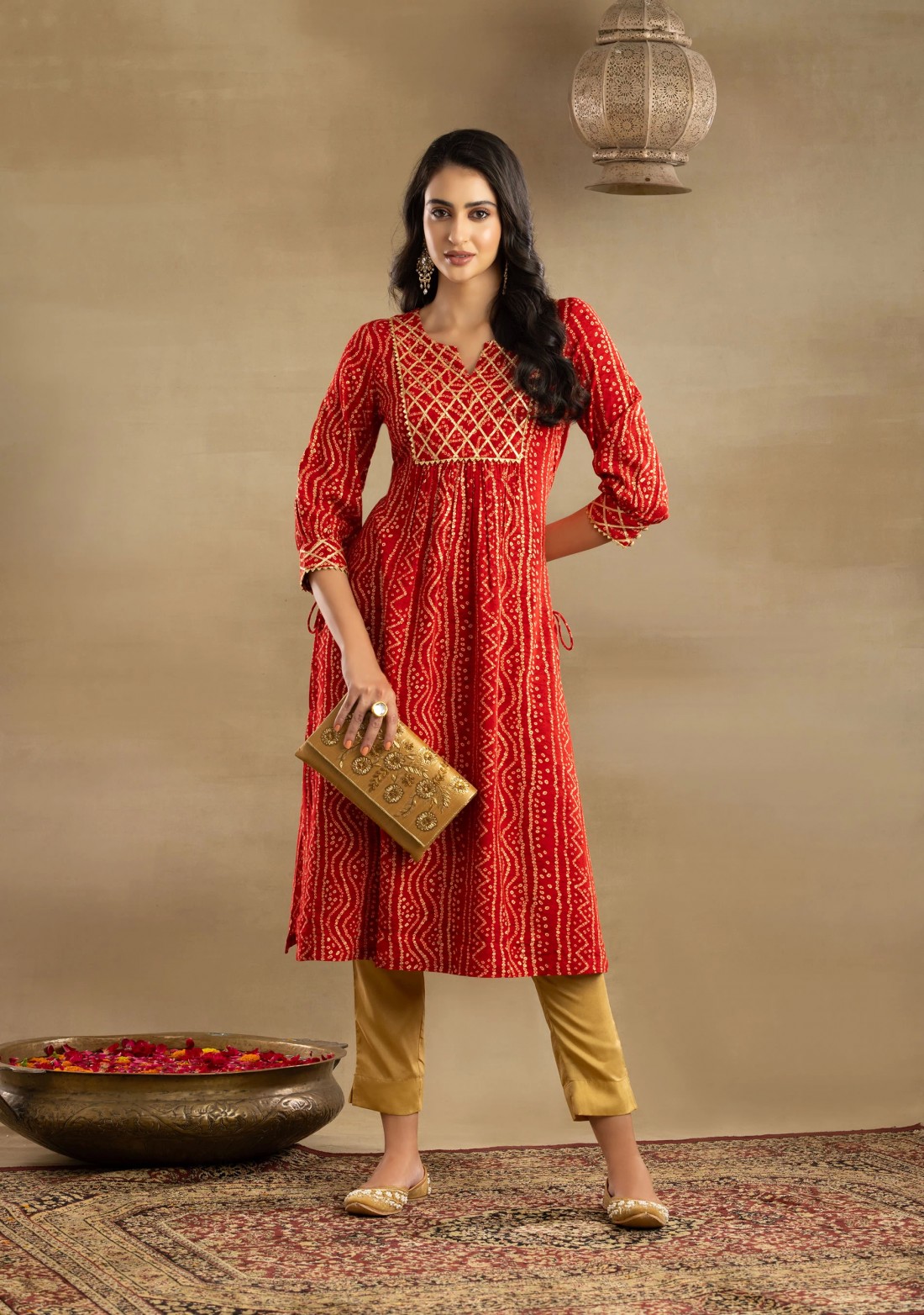 Red Bandhej Printed Gathered Straight Rayon Kurta